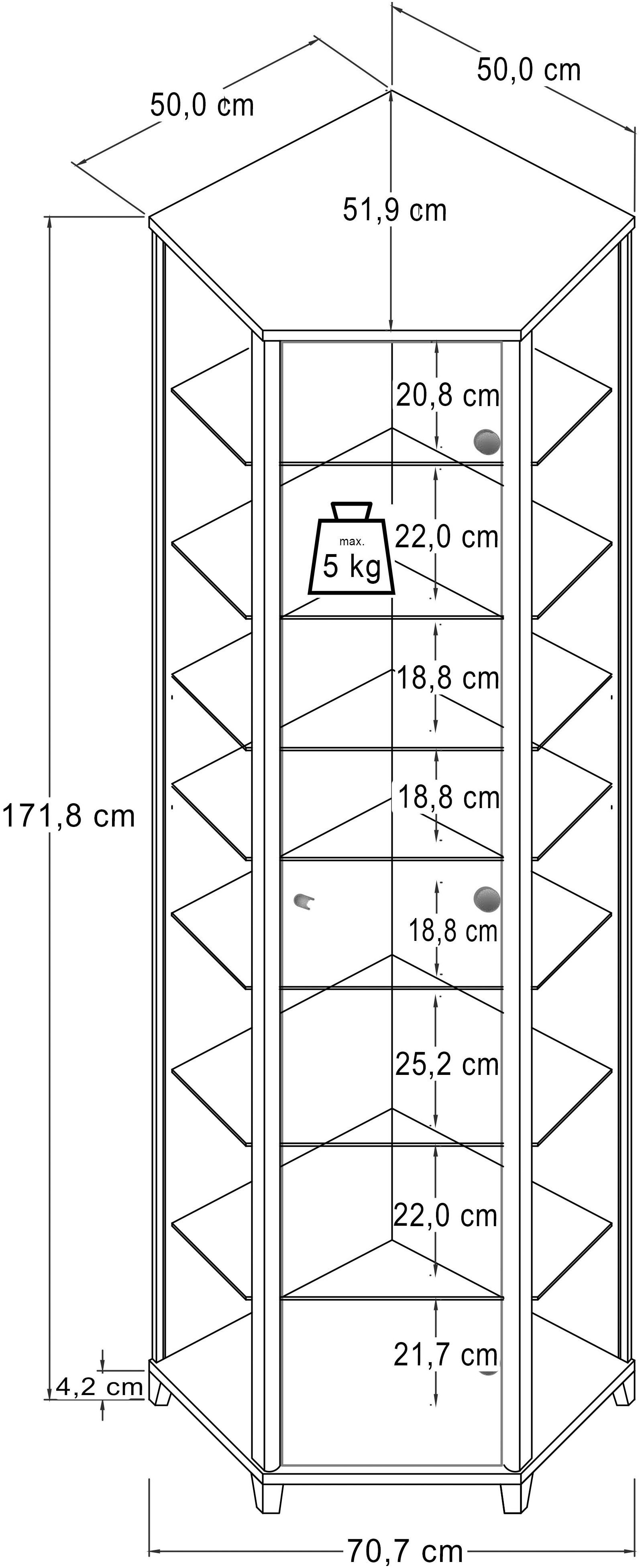 fif möbel Hoekvitrinekast TRIO hoogte ca. 172 cm, incl. verlichting Hoekvitrine/Glasvitrine 1x Glazen deur, perfect voor verzamelaars, verzamelvitrine