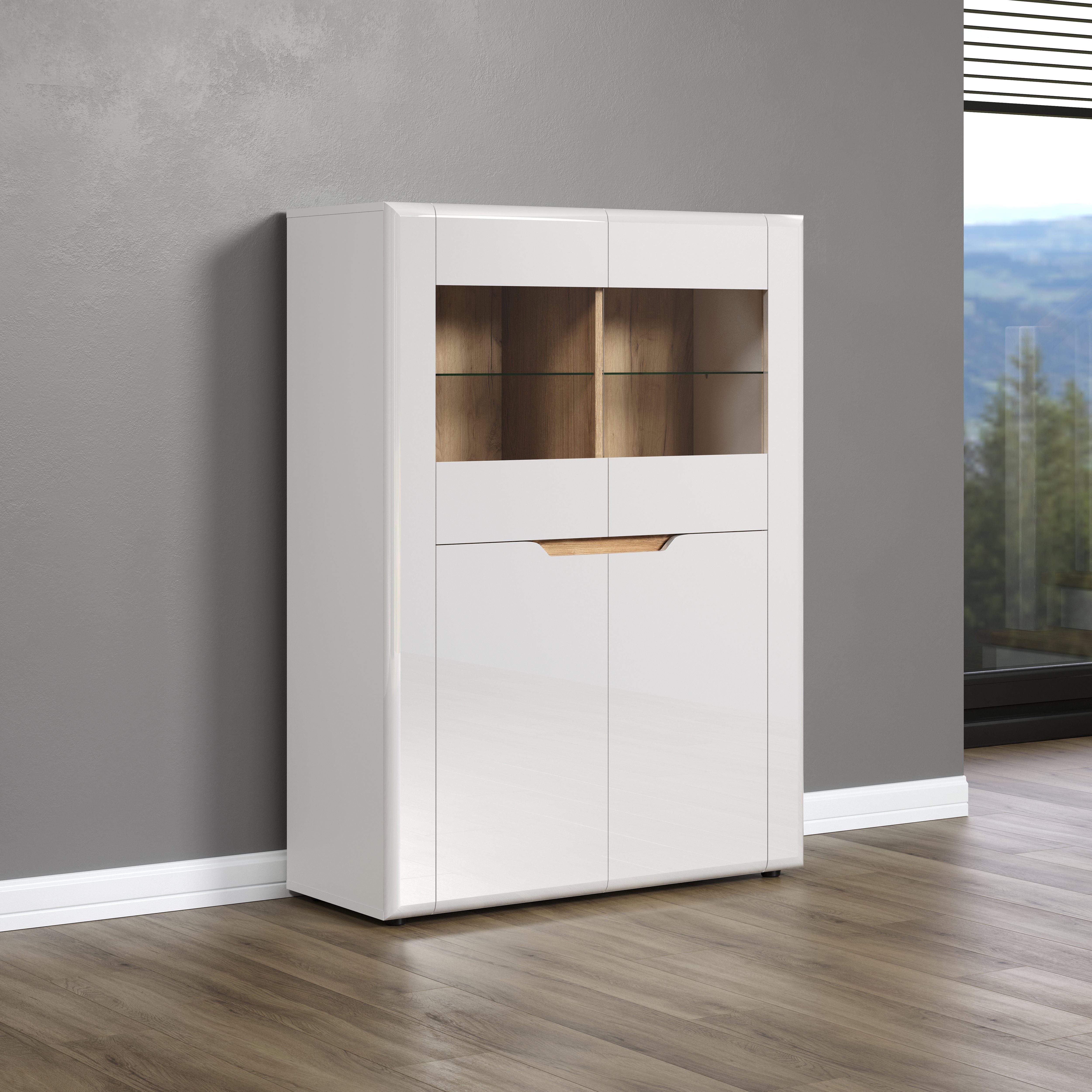INOSIGN Vitrinekast Graz Hoge kast met glazen deuren Grifflos, breedte 96 cm, hoogte 132 cm (1 stuk)