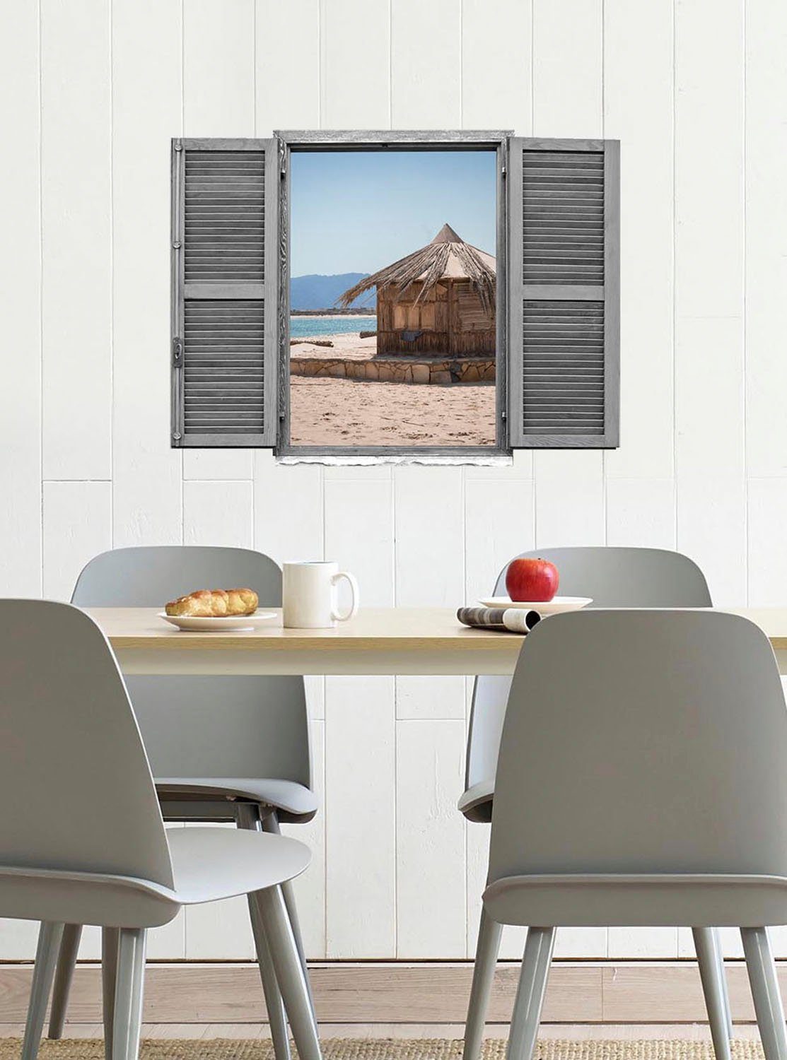 queence Wandfolie Hut aan de zee Muursticker, muurdecoratie, zelfklevend, 3D, raam (1 stuk)