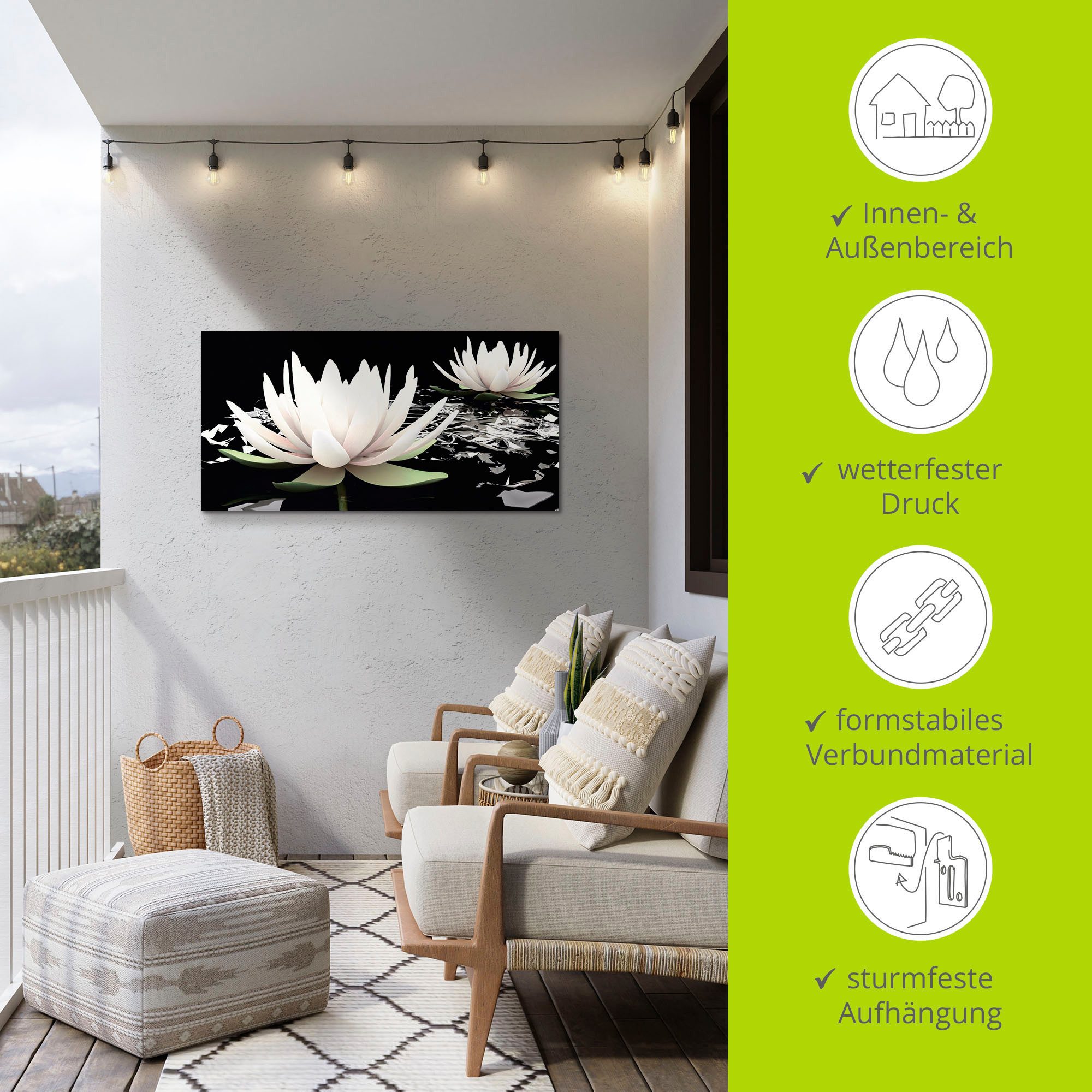 Artland Artprint Twee lotusbloemen op het water als artprint van aluminium, artprint voor buiten, artprint op linnen, poster, muursticker