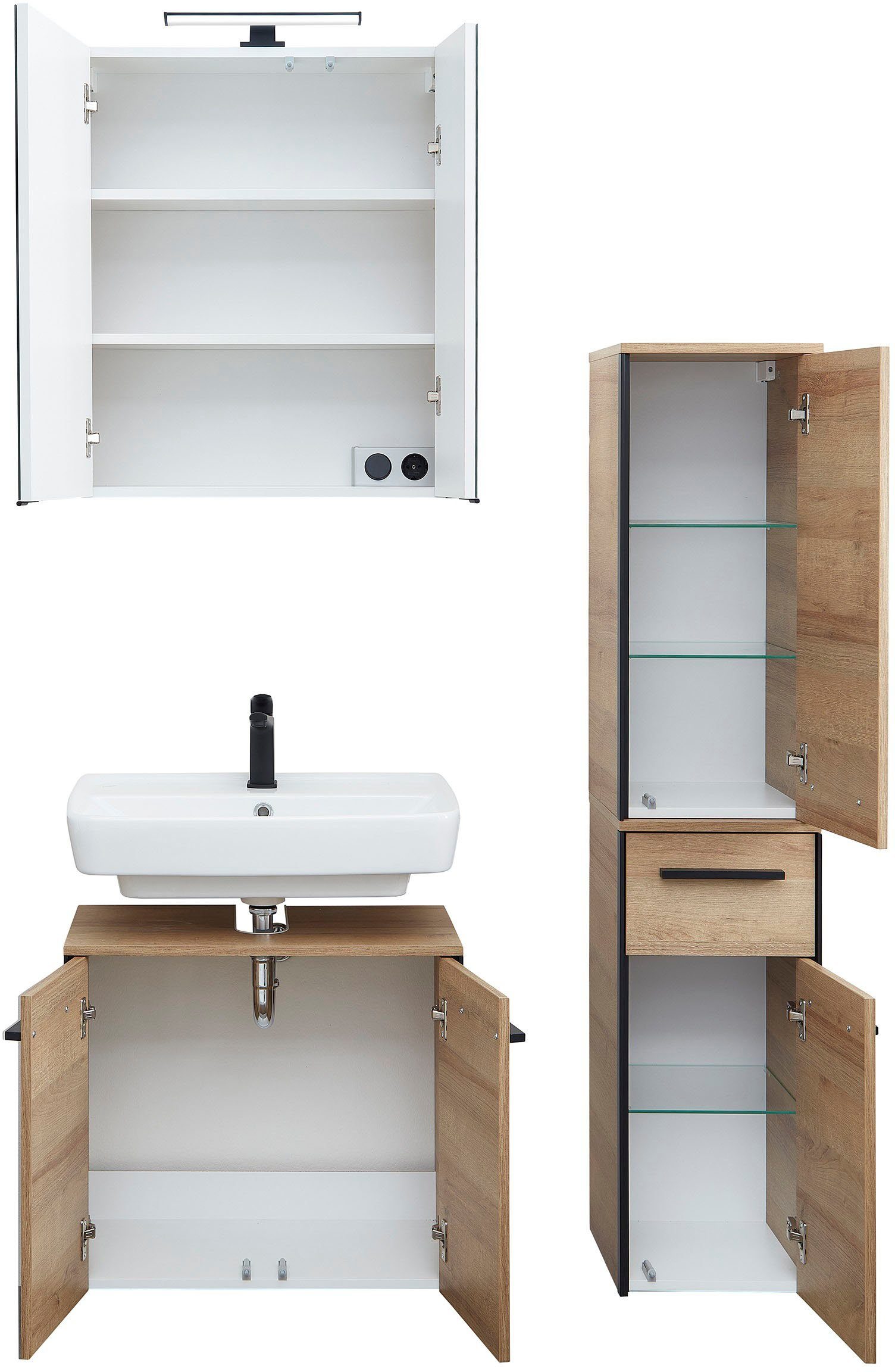 Saphir Badkamerserie Quickset 395 3-delig, wastafelonderkast met led-spiegelkast Middel kast, incl. deurdemper, 6 deuren, 1 lade, badkamer set (4-delig)