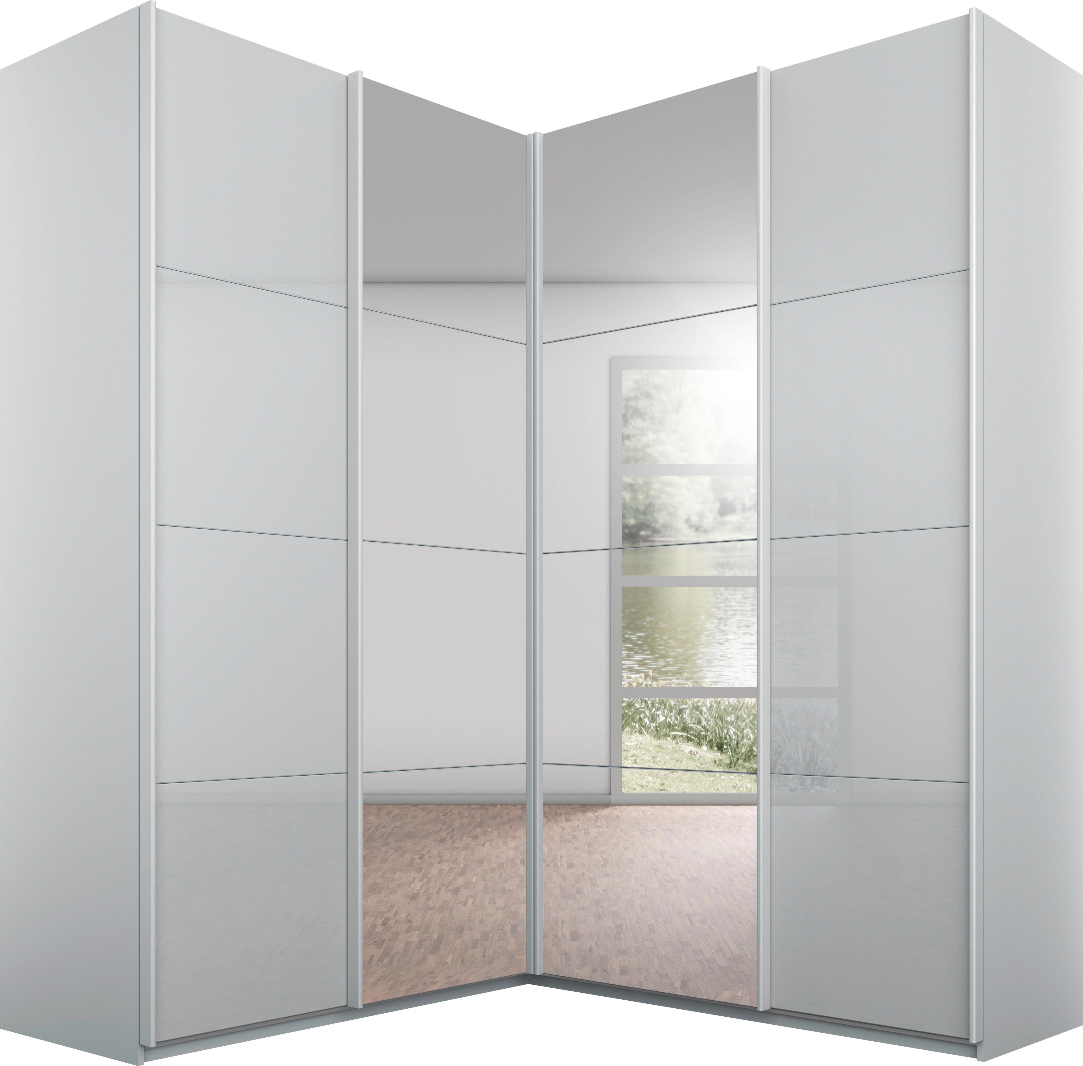 rauch Zweefdeurkast Quadra Hoekkast inclusief deurdemper, met glas-/spiegeldeuren zweefdeurkasten maat 181 cm x 229 cm x 187 cm grijs