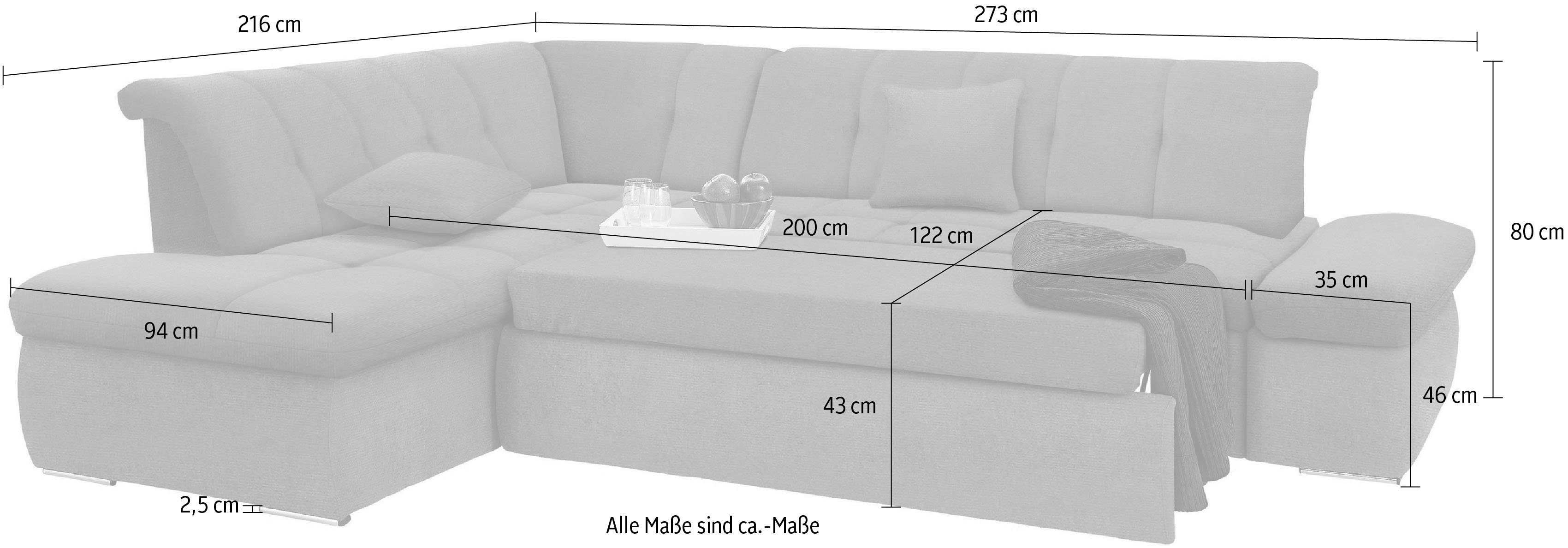 DOMO collection Hoekbank NMoric incl. decoratiekussen B/D/H: 273/216/80 cm L-vorm Ottoman aan uiteinde, optioneel met slaapbank functie en verstelling armleuning