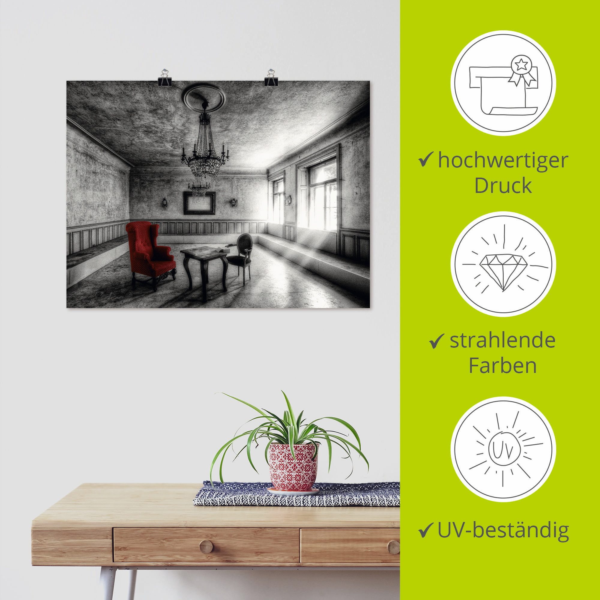 Artland Artprint Lost Place - rode fauteuil als artprint van aluminium, artprint voor buiten, artprint op linnen, poster, muursticker