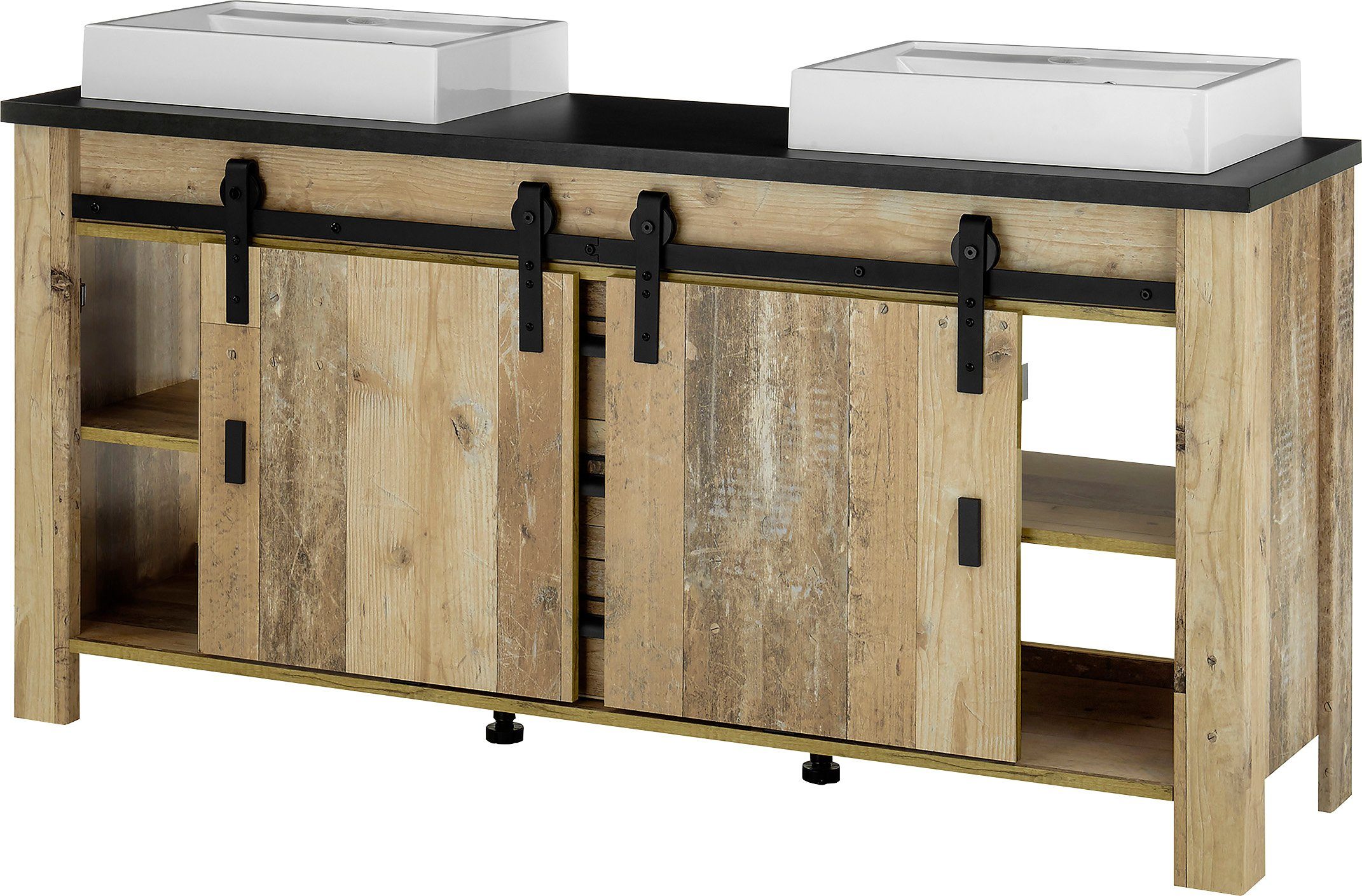 Home affaire Wastafelonderkast Sherwood Hout, schuurdeurbeslag en apothekersgrepen van metaal, hoogte 91 cm (1 stuk)