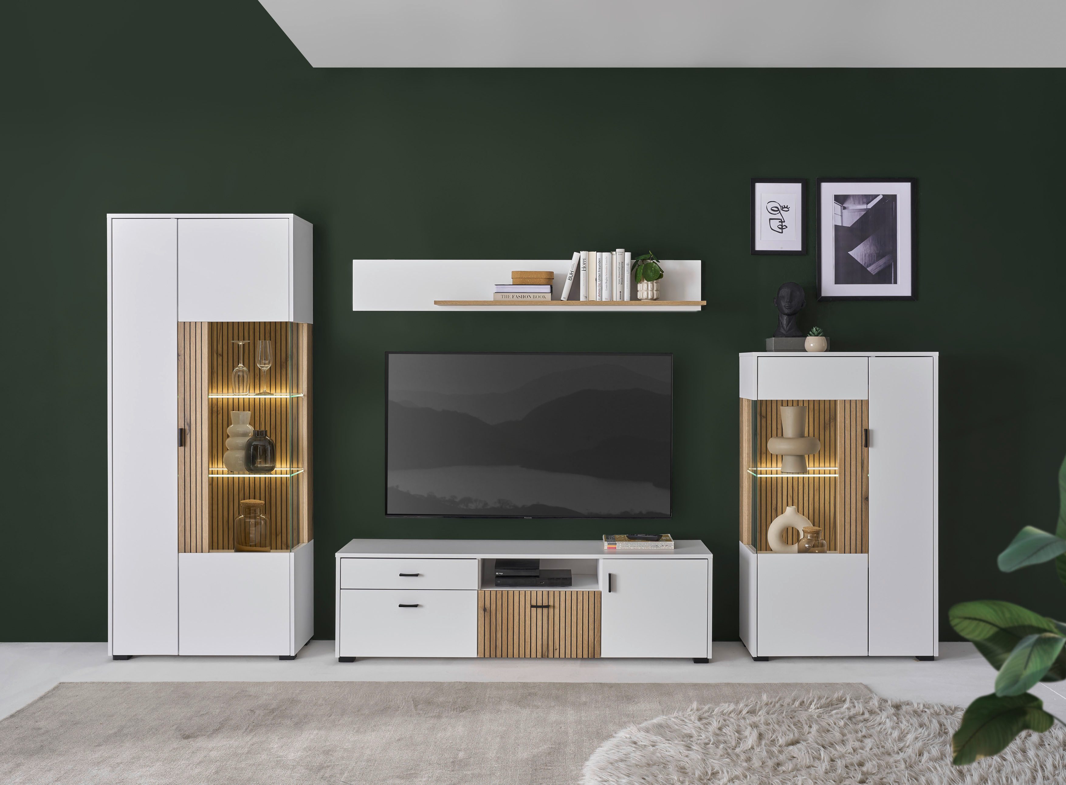 INOSIGN Wandmeubel Hudson met moderne groevenlook, handgrepen van metaal (zwart), breedte 320 cm (set, 4-delig) tv-wandmeubels wit