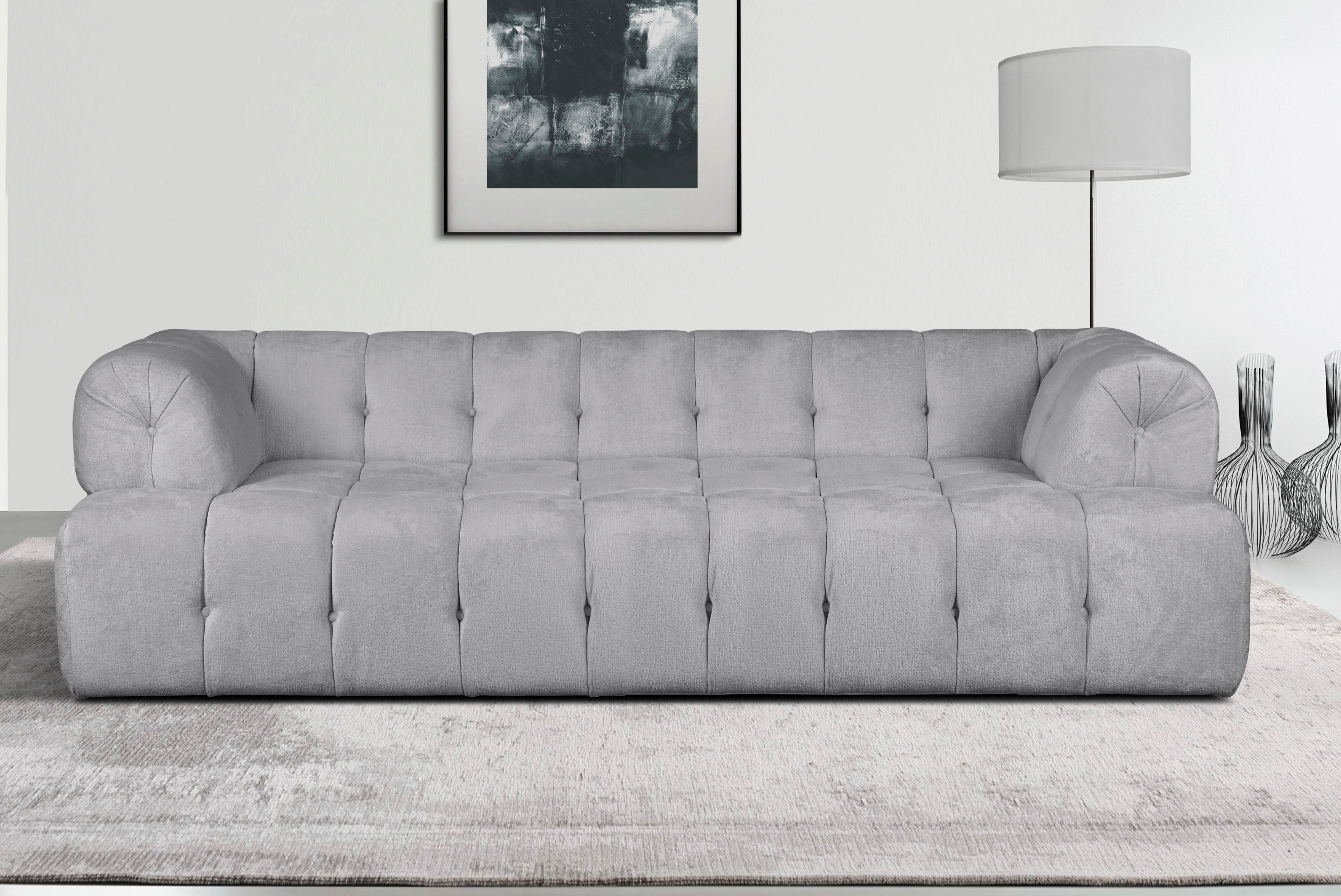 INOSIGN 3-zitsbank APERIRE BxDxH: 225x100x77 cm met moderne luxueuze stiksels met diepe inkeping, ook achter zilver(kleur), 3-zitsbanken