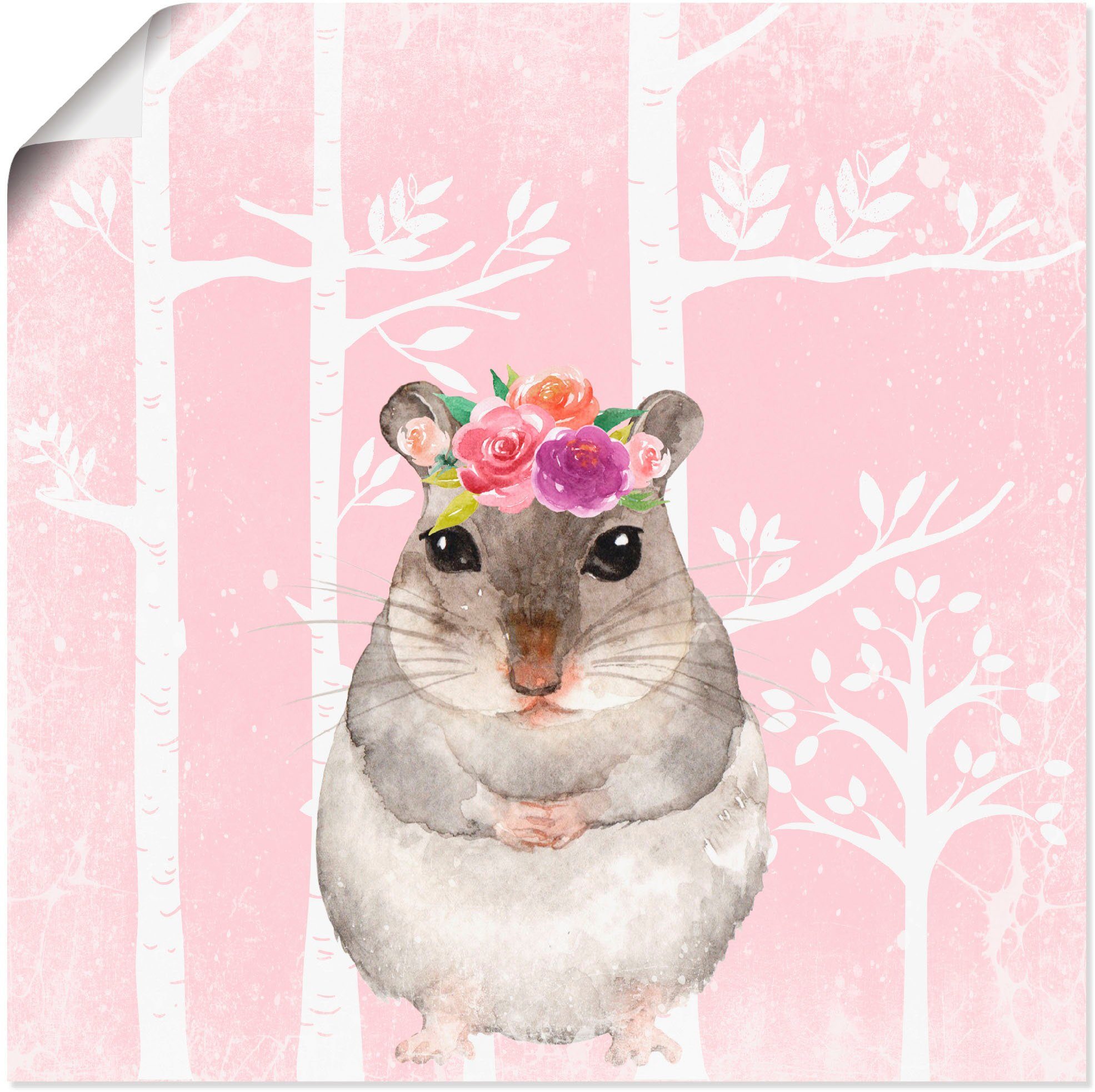 Artland Artprint Hamster met bloemen in pink bos in vele afmetingen & productsoorten - artprint van aluminium / artprint voor buiten, artprint op linnen, poster, muursticker / wand