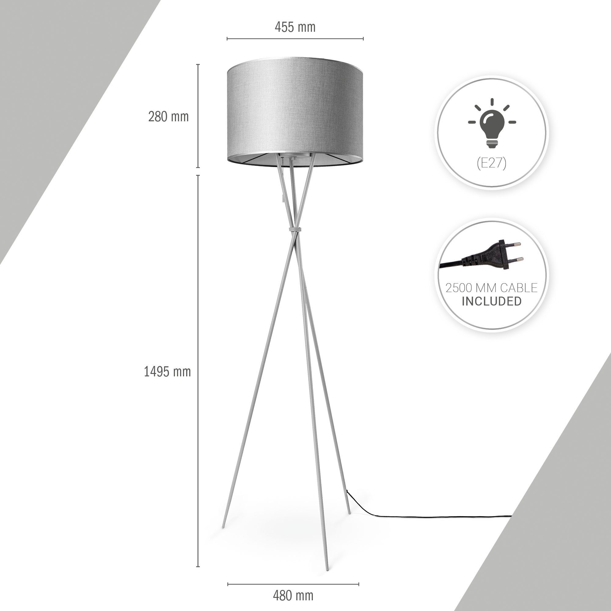 Paco Home Staande lamp KATE CANVAS UNI COLOR Woonkamer driepoot stoffen lampenkap vloerlamp textiel kap E27