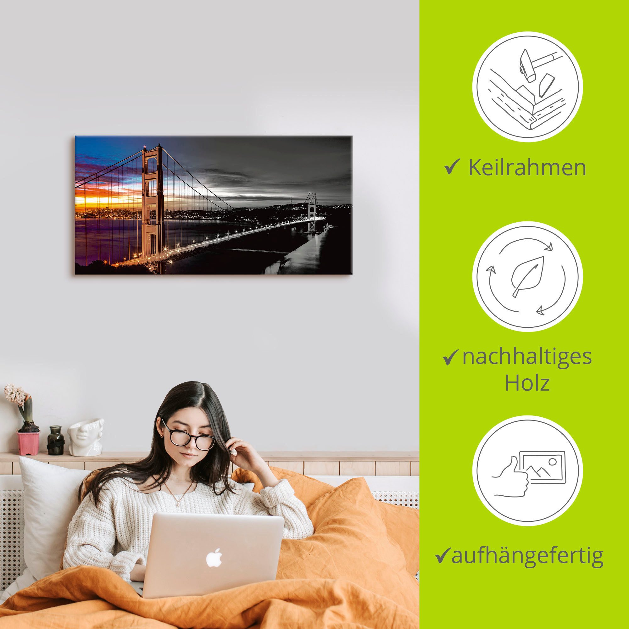 Artland Artprint op linnen The Golden Gate Bridge gespannen op een spieraam