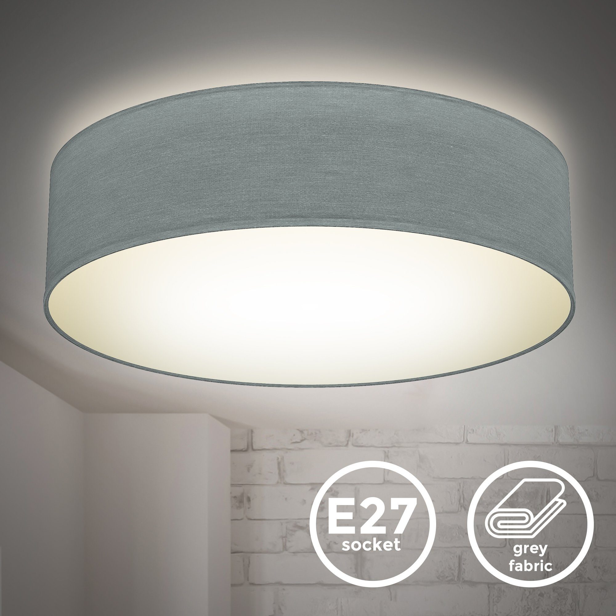 B.K.Licht Plafondlamp Plafondlamp, grijs, textielschaal, woonkamer, slaapkamer, E27