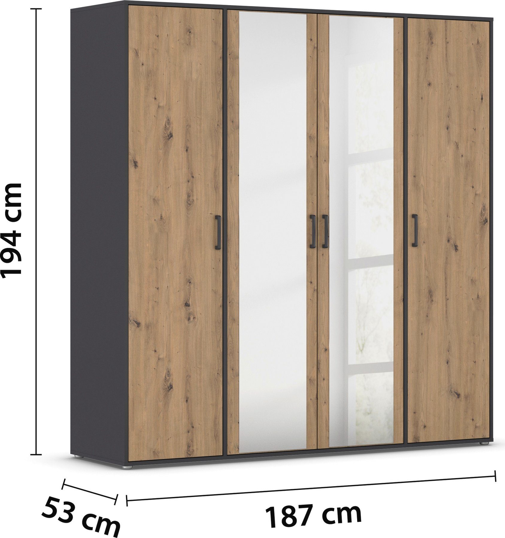 rauch Draaideurkast Voyager met moderne grepen in grijs-metallic en spiegel
