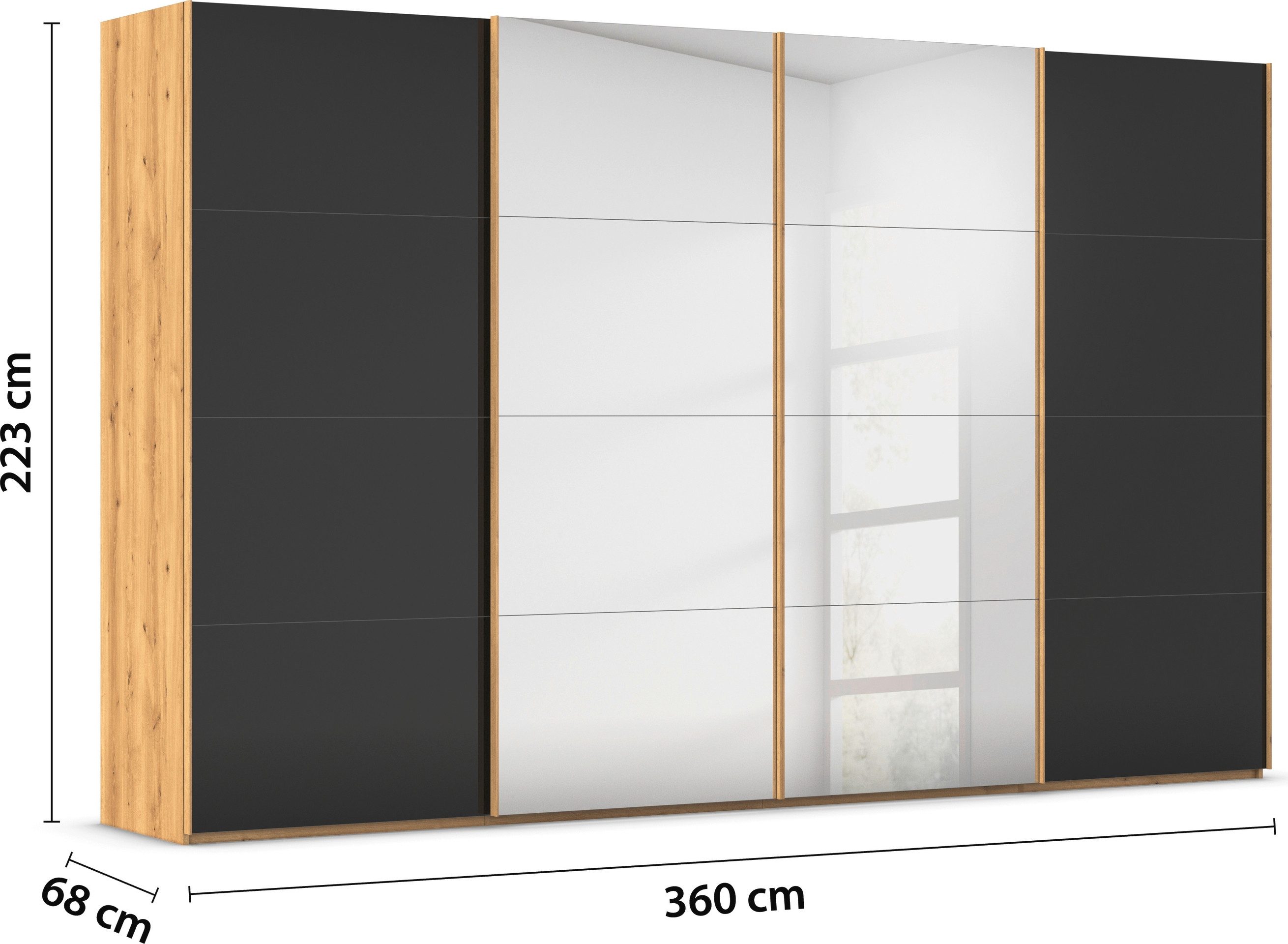 rauch Schuifdeurkast Kledingkast Kast Garderobe Slaapkamerkast SCALE-FYRA edel vierdelige deuren spiegel/glas-mix veel kleuren made in germany