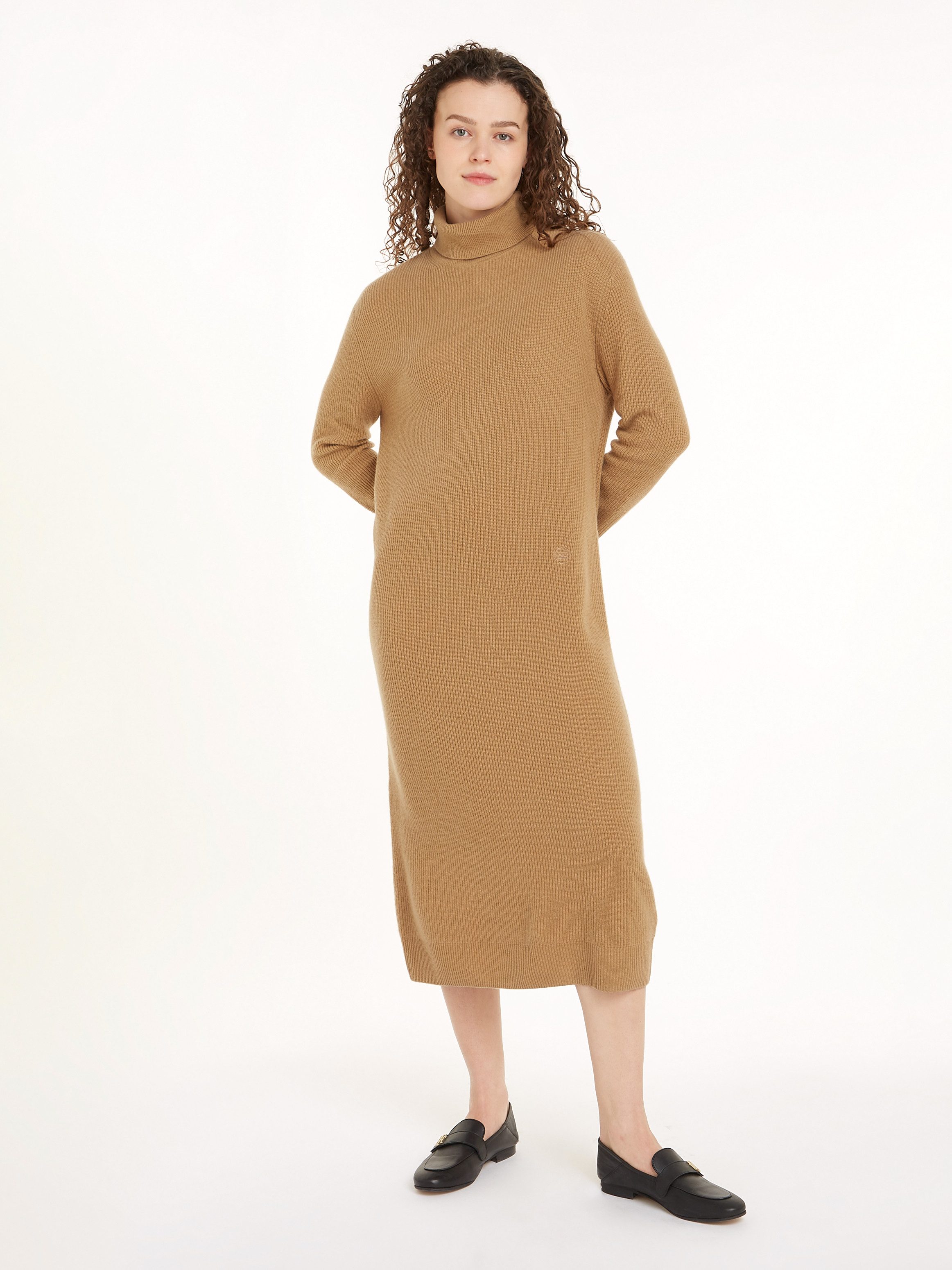 Tommy Hilfiger Gebreide jurk WOOL CASH ROLL-NK LONG DRESS met logo-borduursel, in riblook