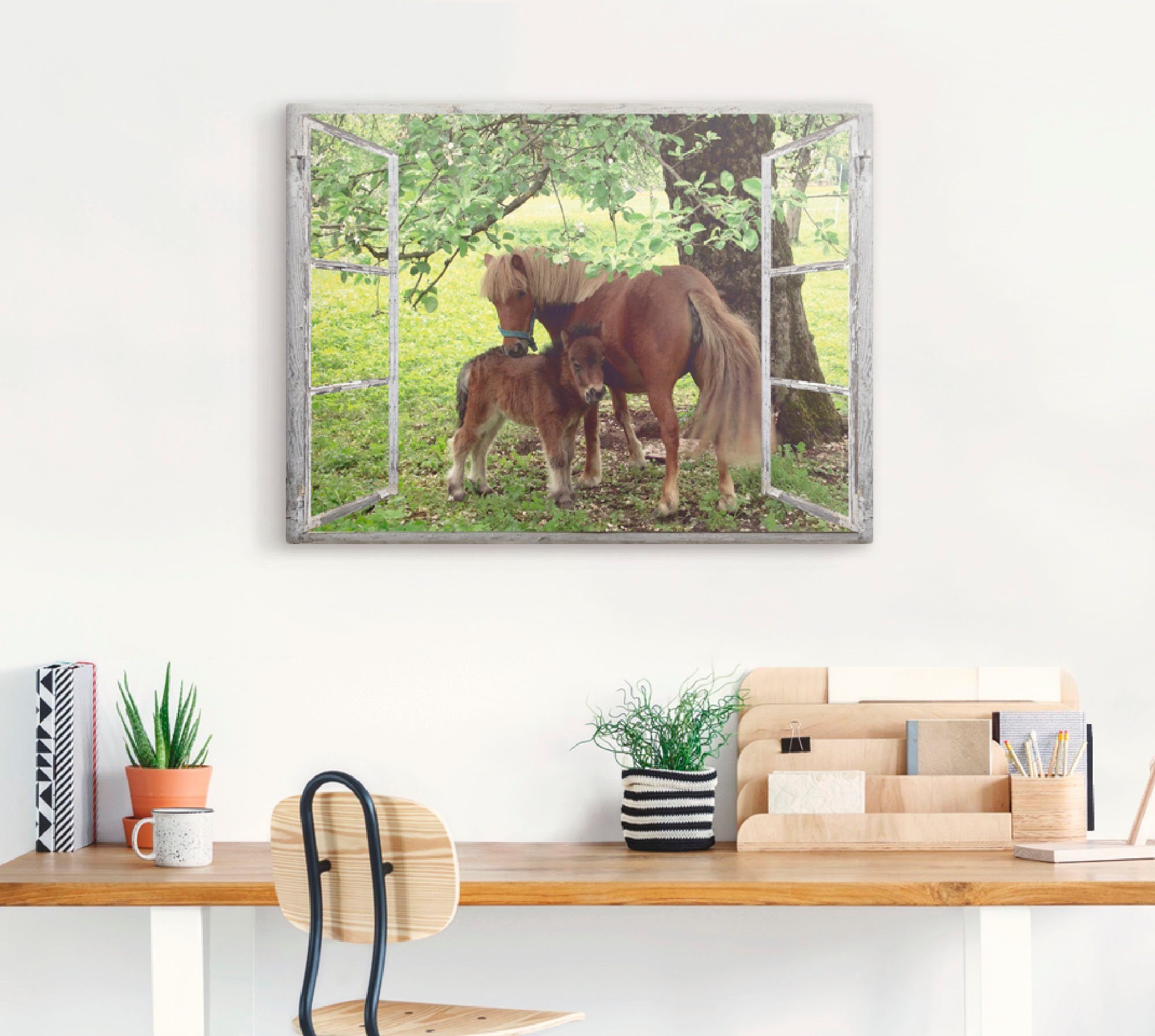 Artland Artprint Blik uit het venster - pony met kind als artprint op linnen, poster, muursticker in verschillende maten