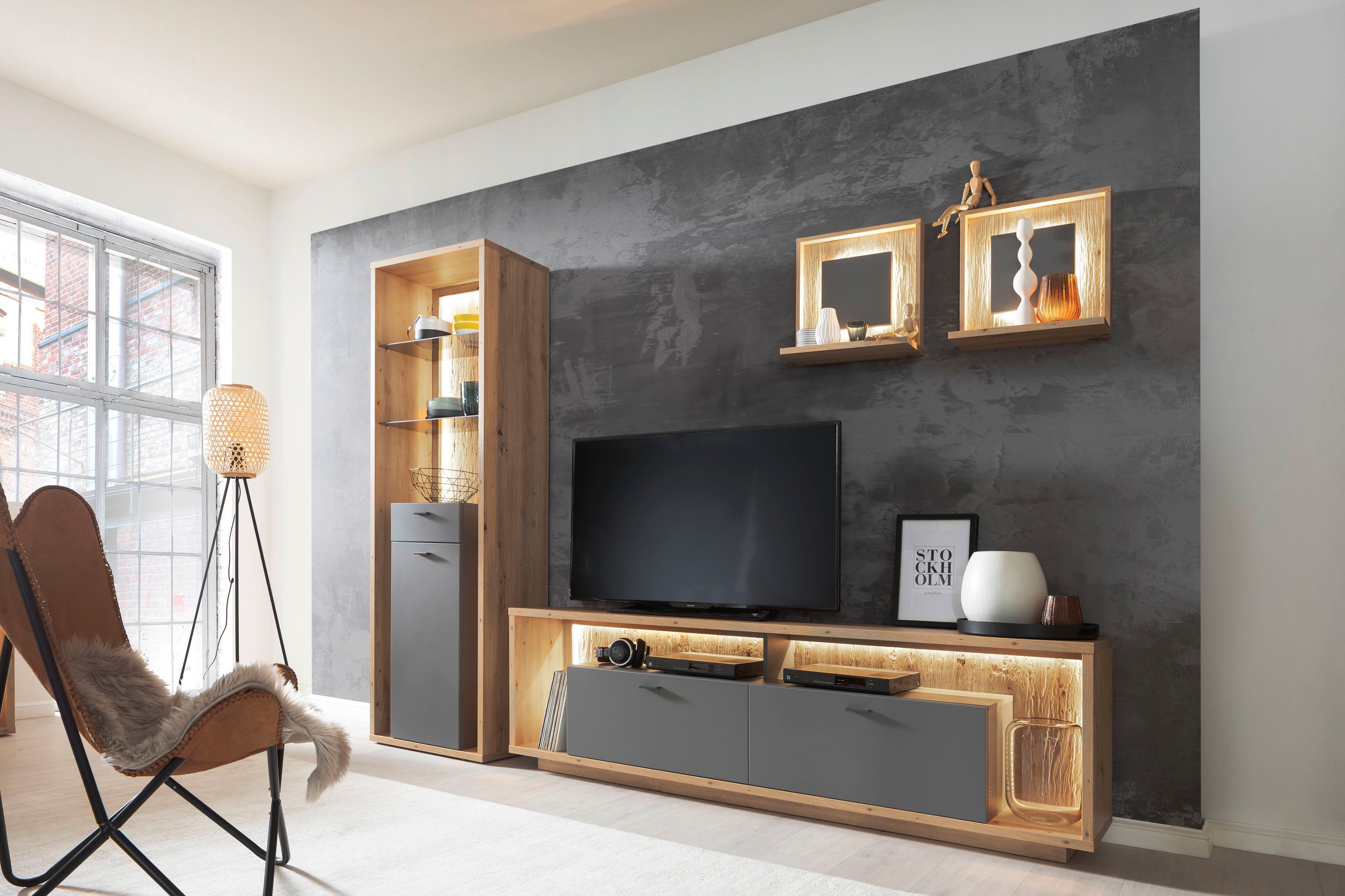 MCA furniture Tv-meubel Lizzano Tv-meubel voor tv tot 80 inch met 3D achterwand, naar keuze met verlichting