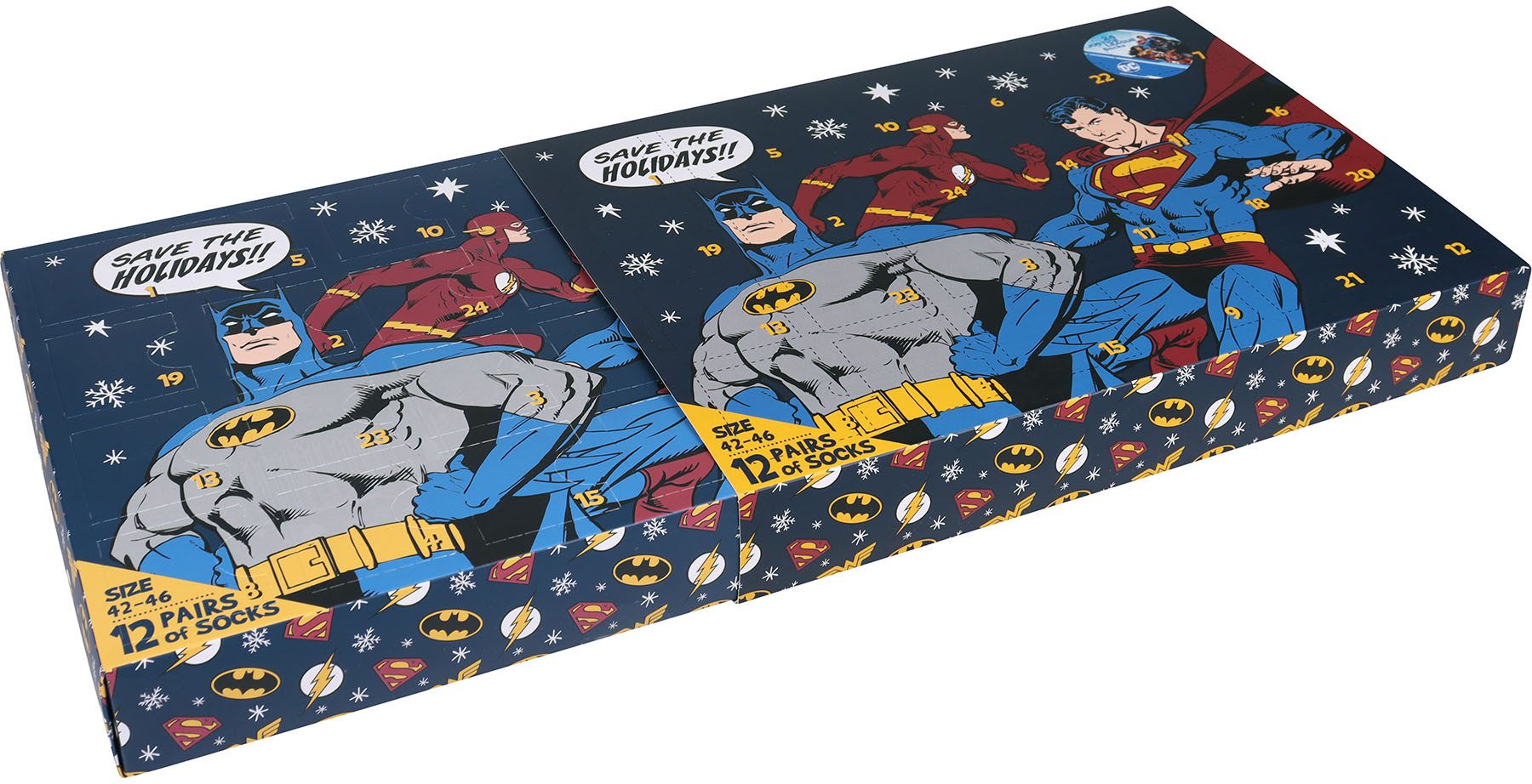 Capelli New York Adventskalender Kalender met 24 deuren, 12 paar sokken van Superman, Matman, Marvel