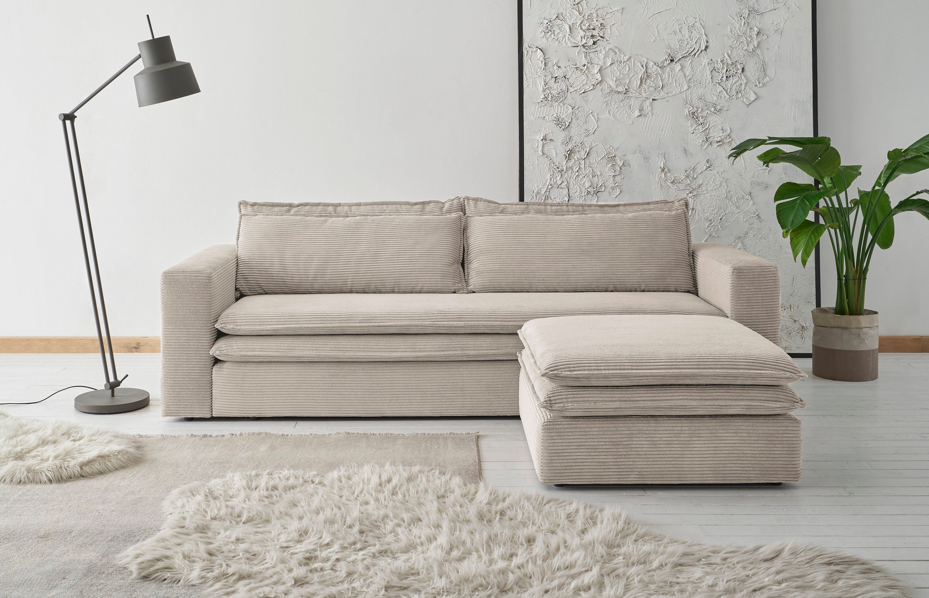 Places of Style Zithoek PIAGGE 3-zitsbank met slaapfunctie en loveseat-hocker als set (2-delig) beige, zithoeken