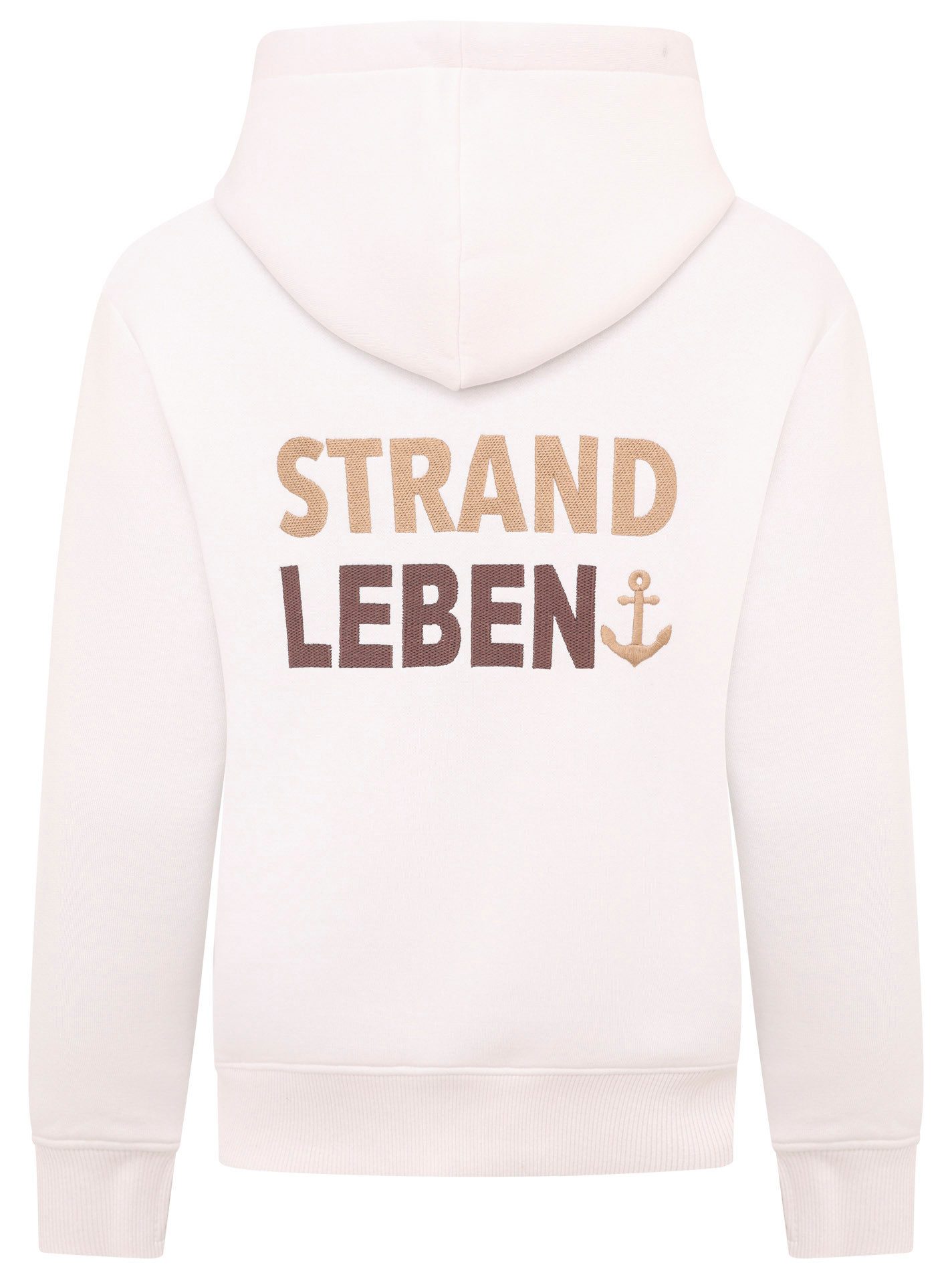 Zwillingsherz Hoodie Mijn Thuis met geborduurd "strand"-schrift op de voorkant en achterkant
