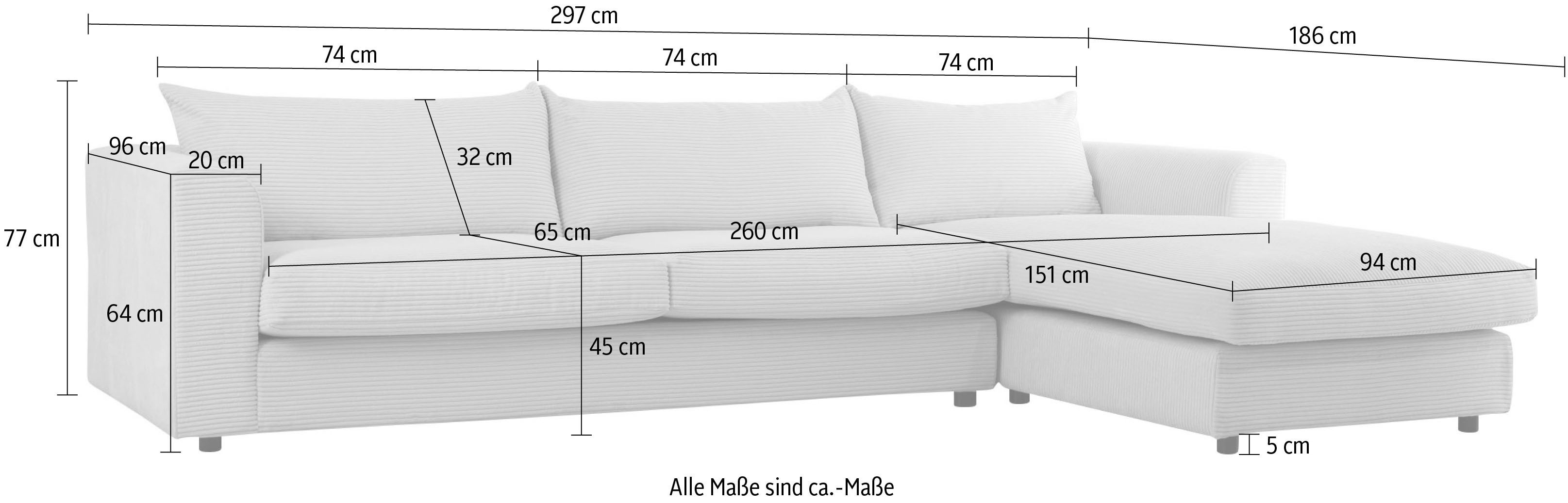 LeGer Home by Lena Gercke Hoekbank Avelina Breedte 297 cm, in cord- en chenille-stof, rugkussen met veren (2-delig)