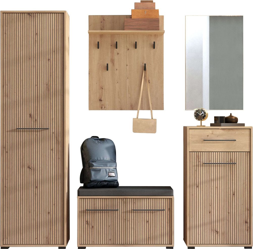INOSIGN Halmeubelset Landes, halmeubelen, breedte 189 cm, in artisan eik met strepen (set, 5-st) incl. 2 kasten, zitbank, garderobe paneel en spiegel