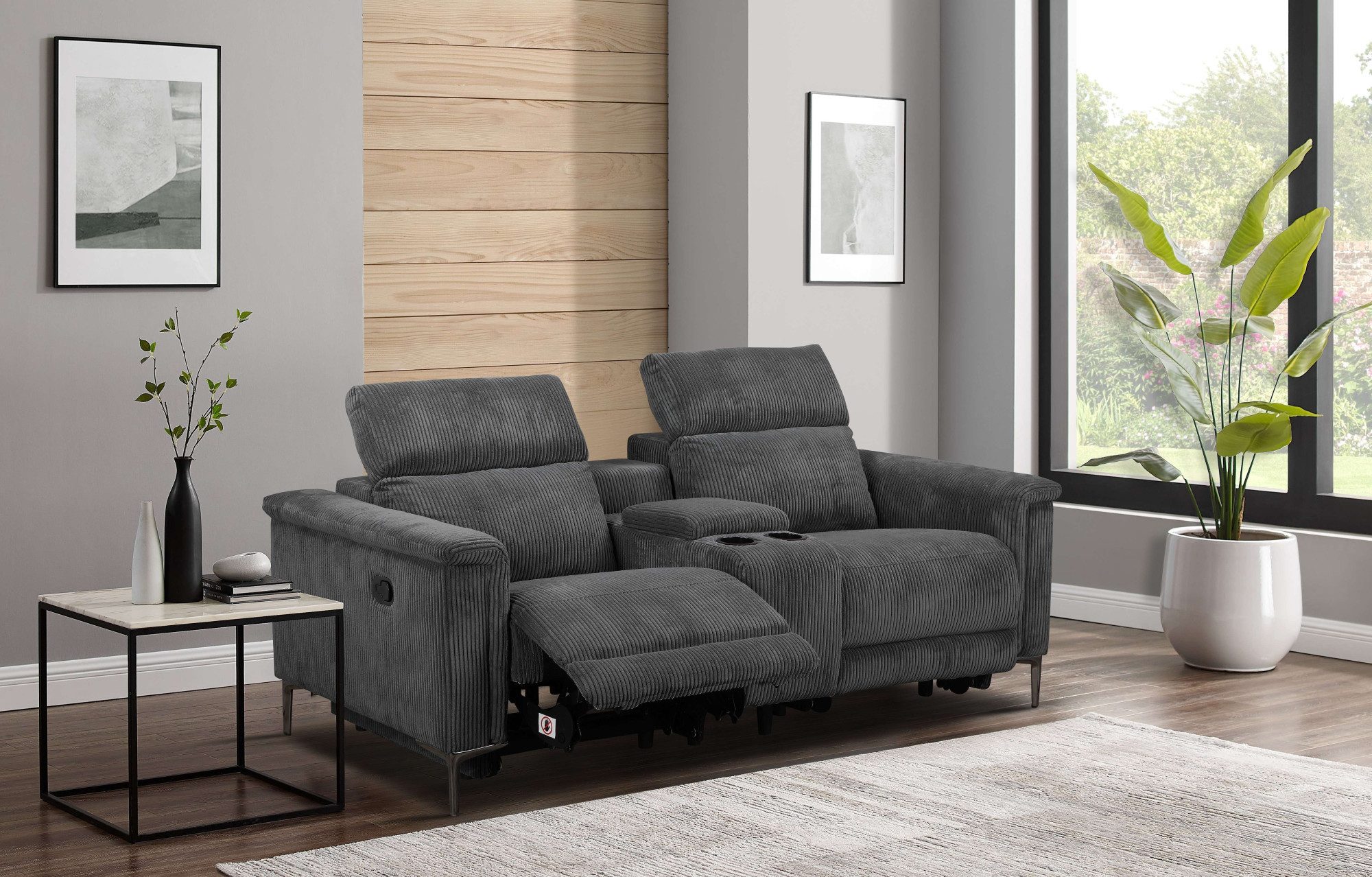 Places of Style 2-zitsbank Lund in cord, 2-zits bioscoopbank, tv-fauteuil, multimedia-sofa, USB-A met elektrische of handmatige relaxfunctie, bekerhouder en opbergruimte