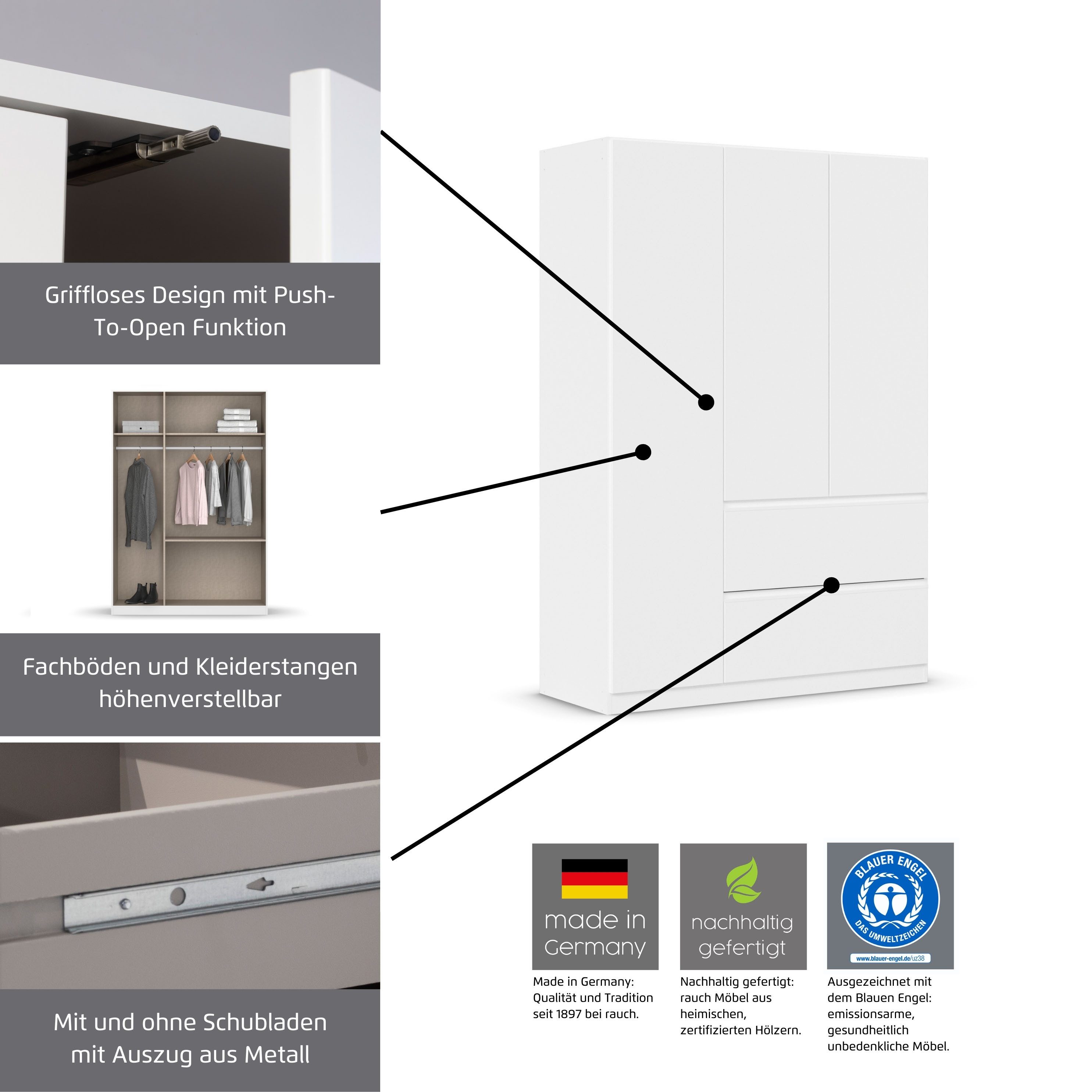 rauch Draaideurkast Costa met spiegel, greeploos front en push-to-open functie made in germany