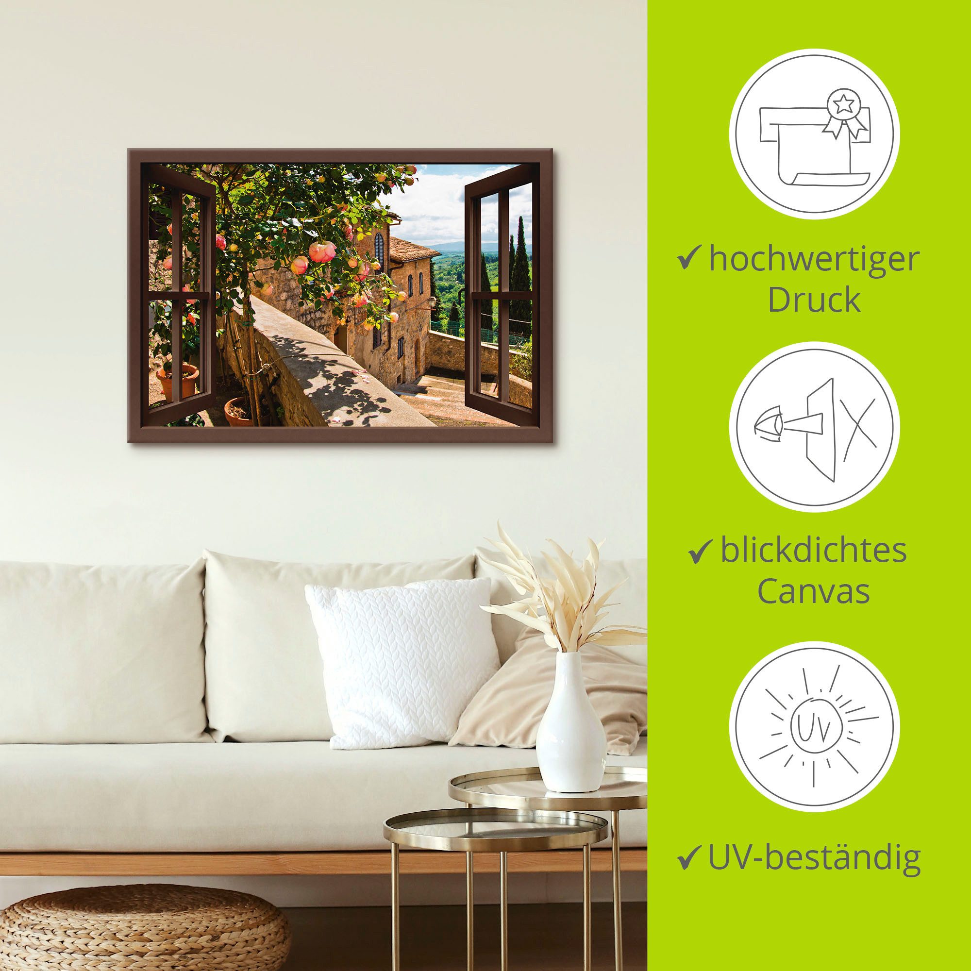 Artland Artprint Blik uit het venster rozen op balkon Toscane als artprint van aluminium, artprint voor buiten, artprint op linnen, poster, muursticker