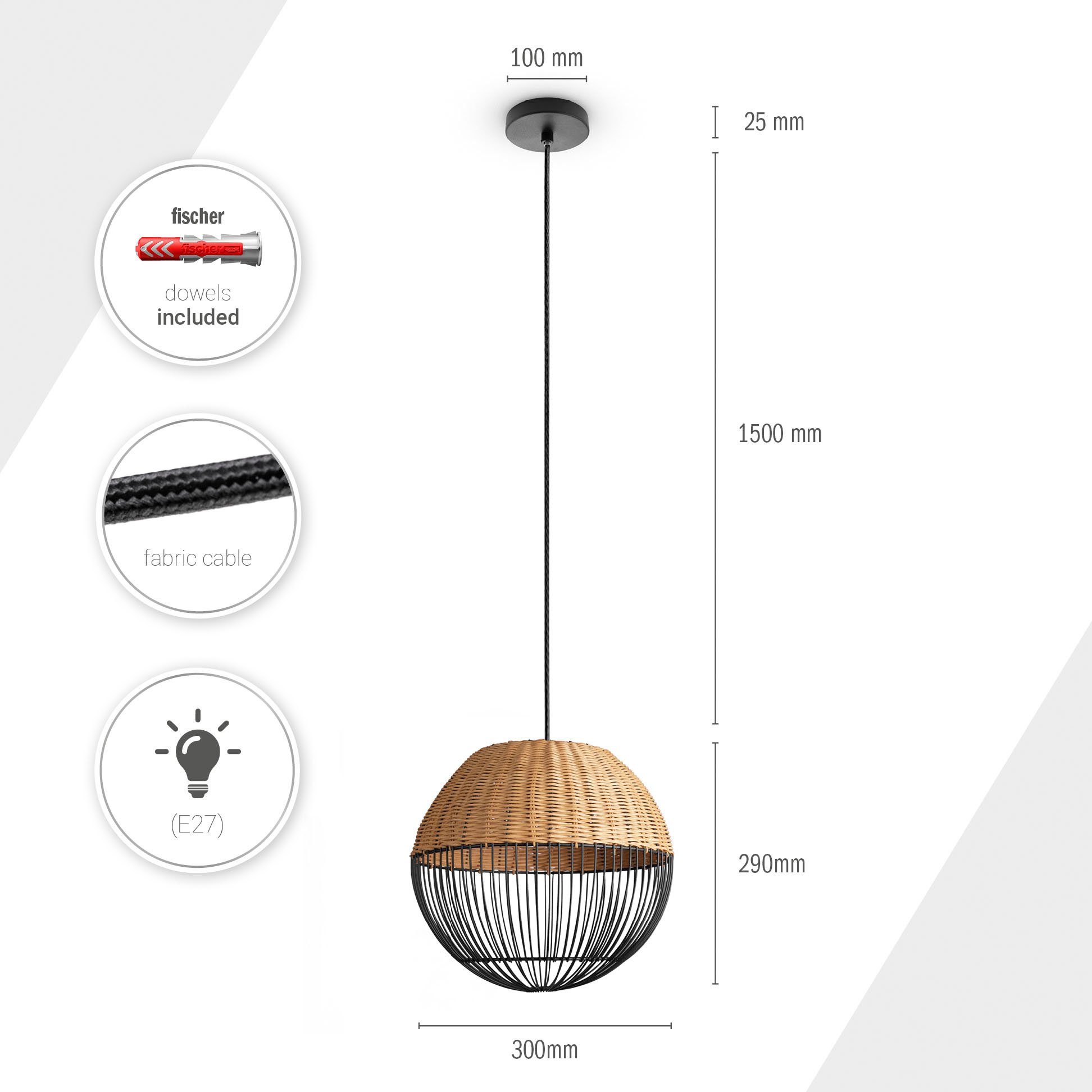 Paco Home Hanglamp Puro Rattan lamp mand lamp LED Boho natuurlijk vintage rond E27