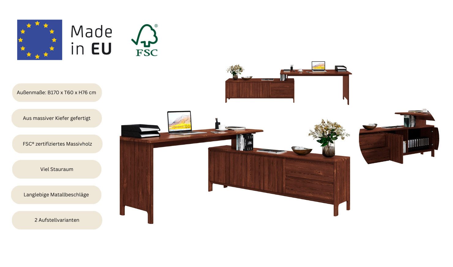 Home affaire Bureau Luven, van massief hout in 2 breedtes, variabel gebruik als bureau of hoekbureau