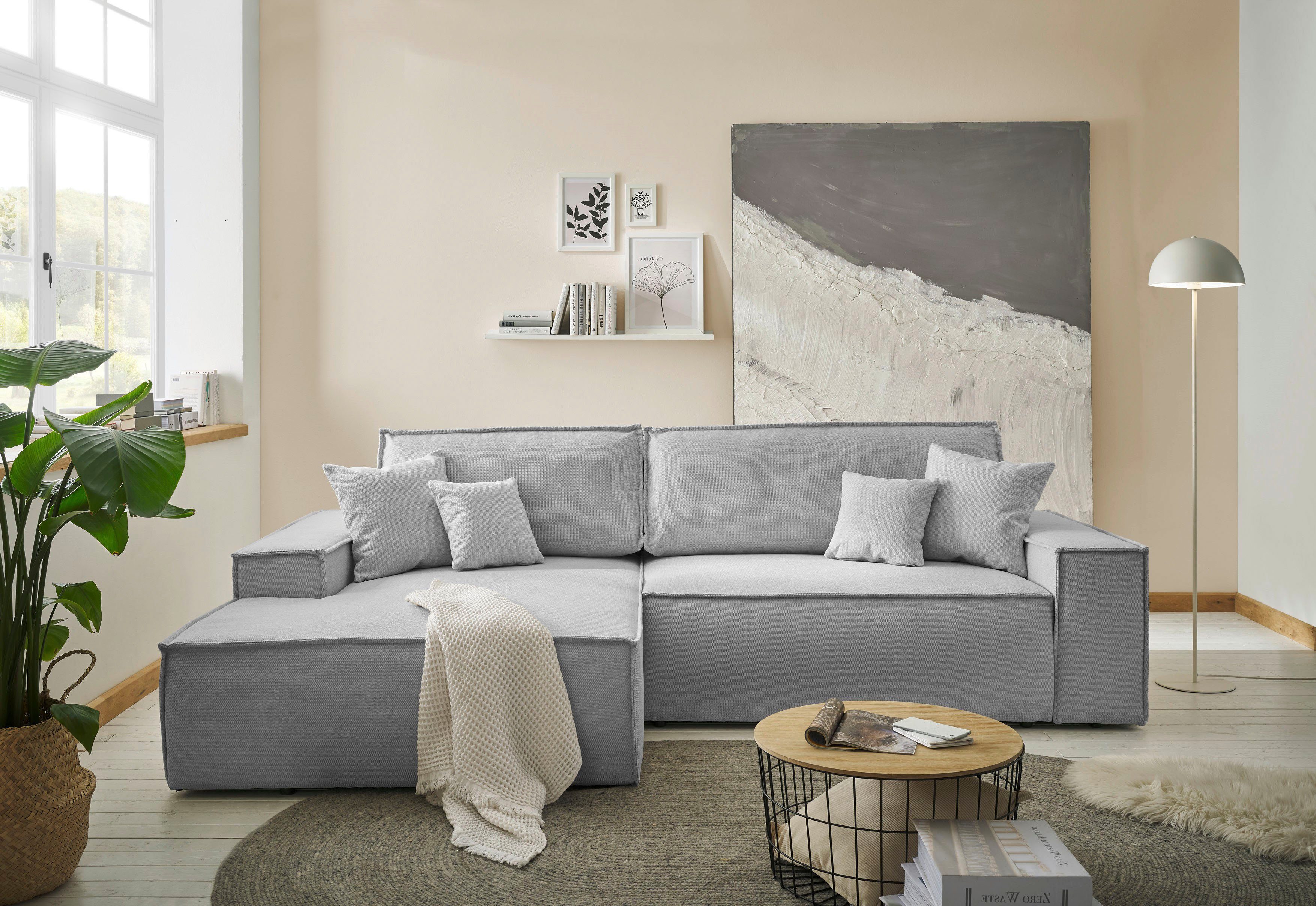 andas Hoekbank Finnley slaapbank 267 cm in Bouclé, fijne structuur en cord, L-vorm