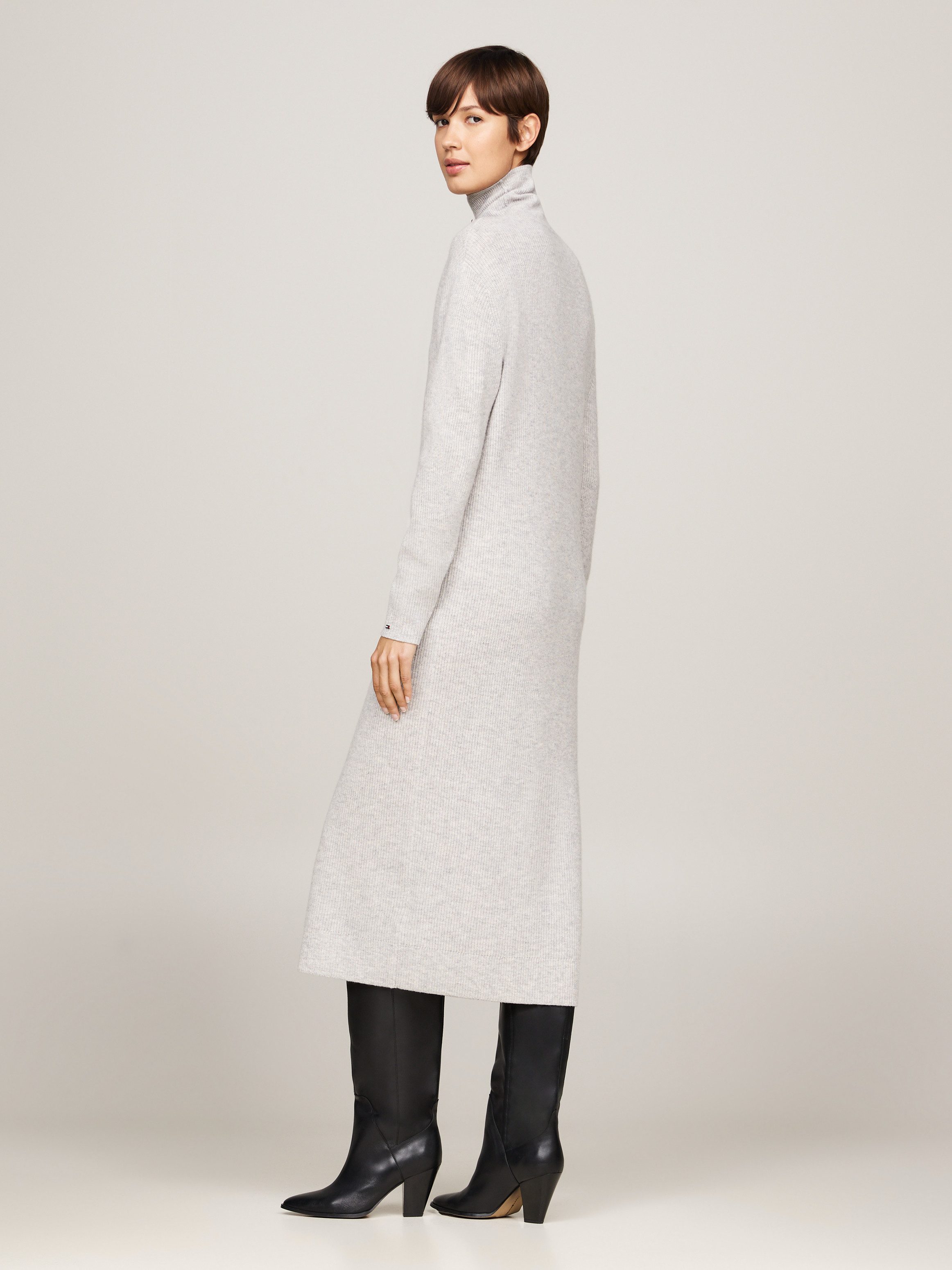 Tommy Hilfiger Gebreide jurk WOOL CASH ROLL-NK LONG DRESS met logo-borduursel in riblook