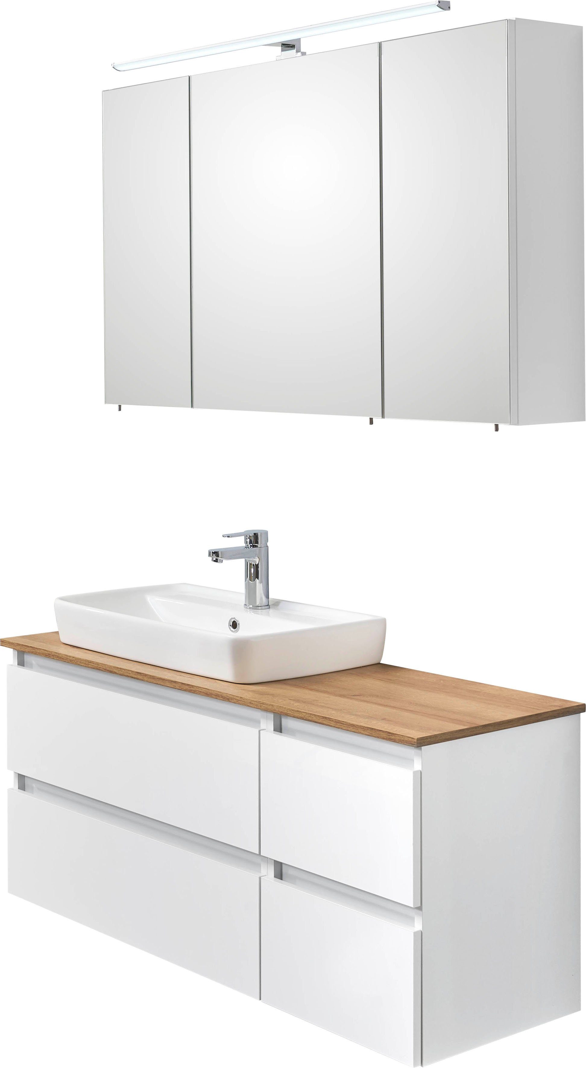 Saphir Badkamerserie Quickset 360 2-delig, keramische opzetwasbak met LED-spiegelkast (2-delig) badmeubelsets wit