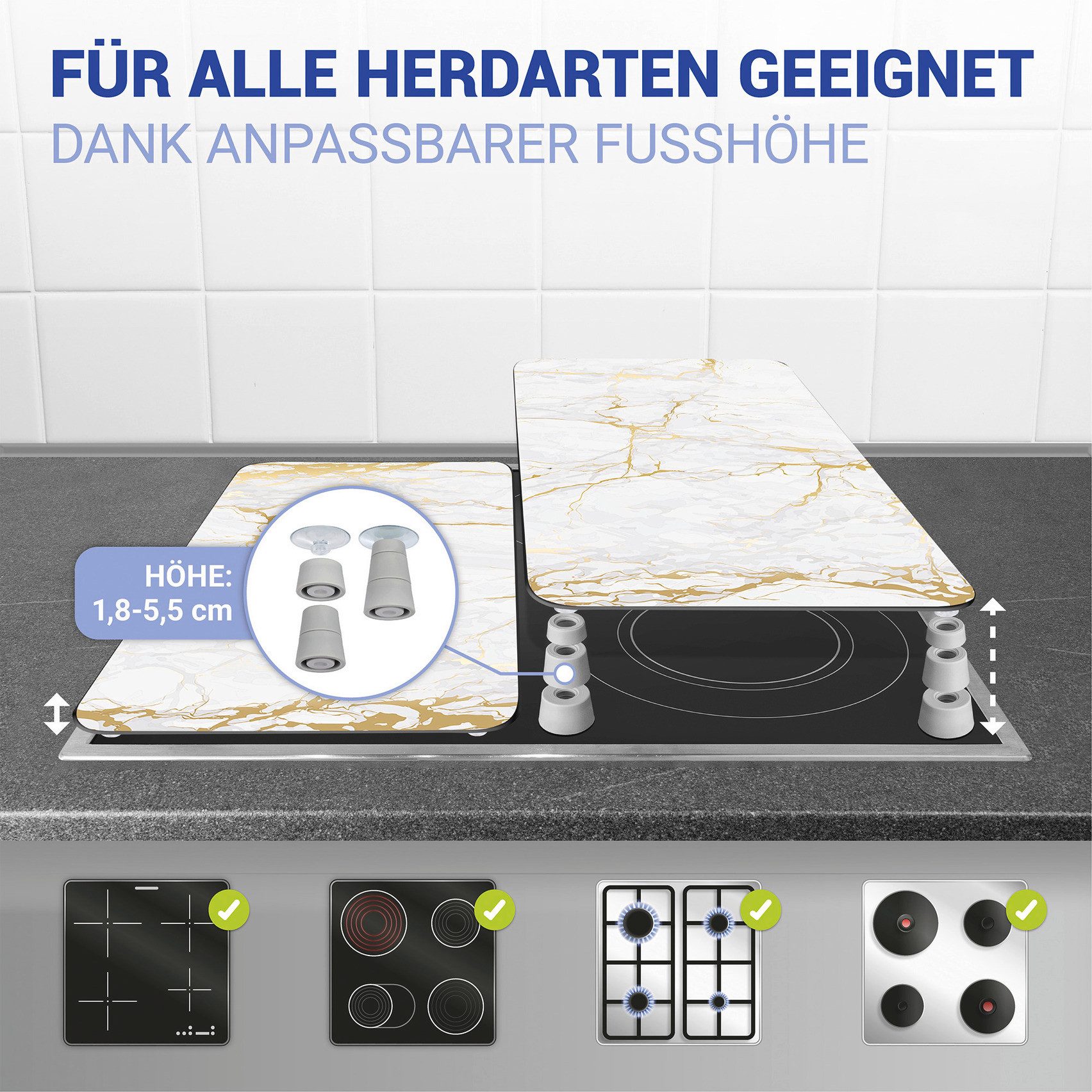 WENKO Kookplaatdeksel Universal Model Marmor Gold Kookplaatafdekking voor alle soorten kookplaten, krasvast, met antislipvoetjes (set, 2-delig)