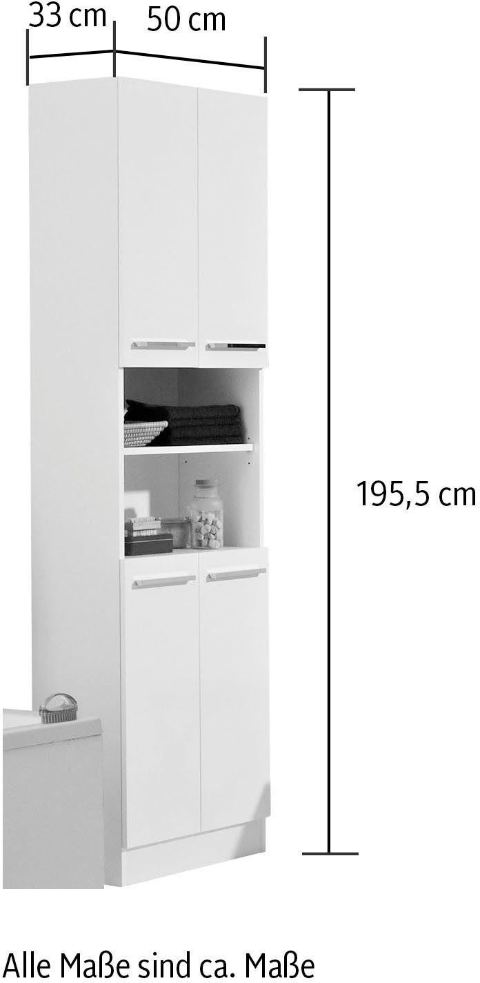 Saphir Hoge kast Quickset 335 Badkamermeubel 50 cm breed, 4 deuren, 1 nis, 3 legplanken