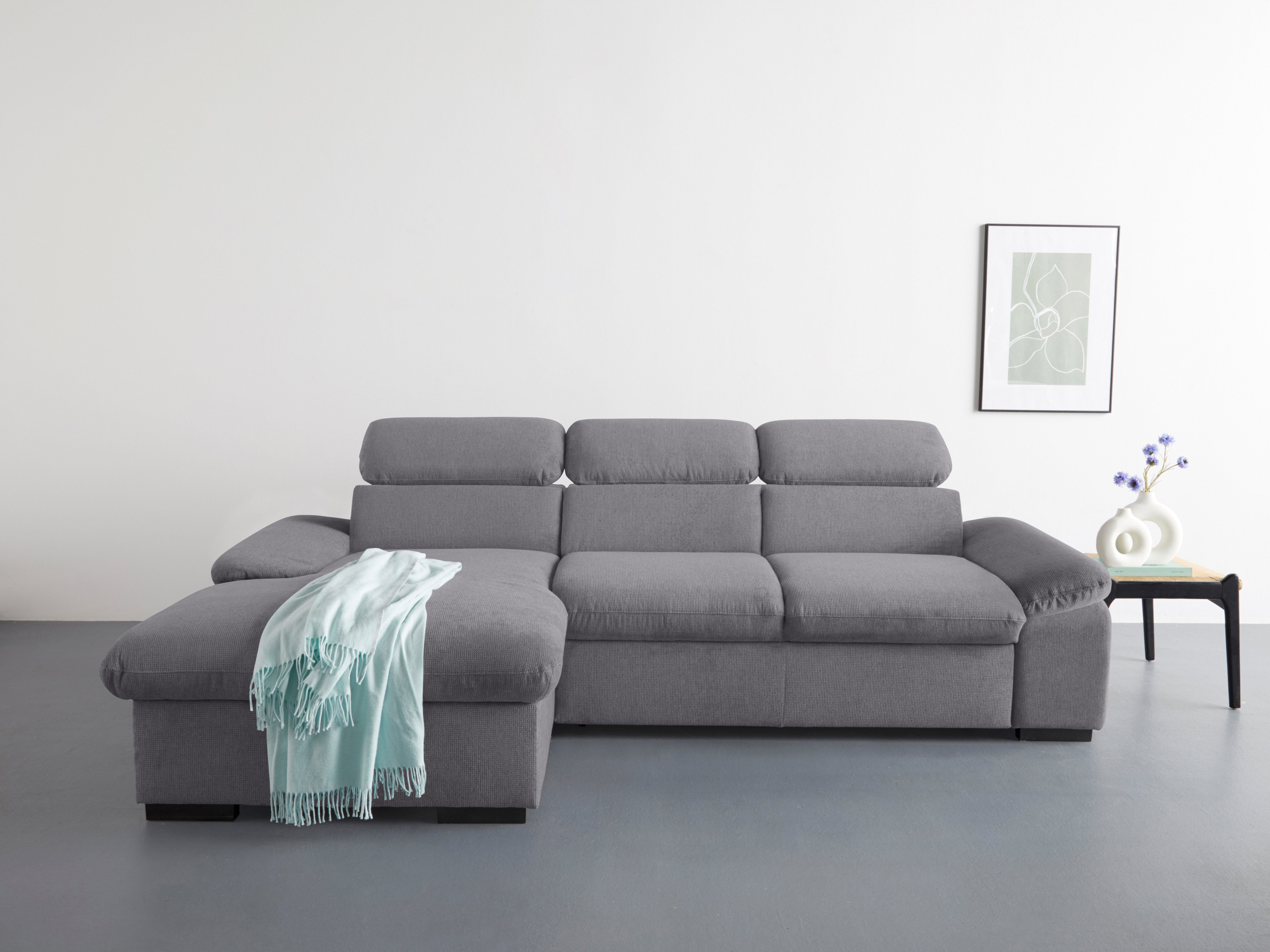COTTA Hoekbank Lola L-vorm met hoofdeinde-functie & poef keuze met bedfunctie, bedlade & armleuningverstelling (set) grijs, hoekbanken, Breedte