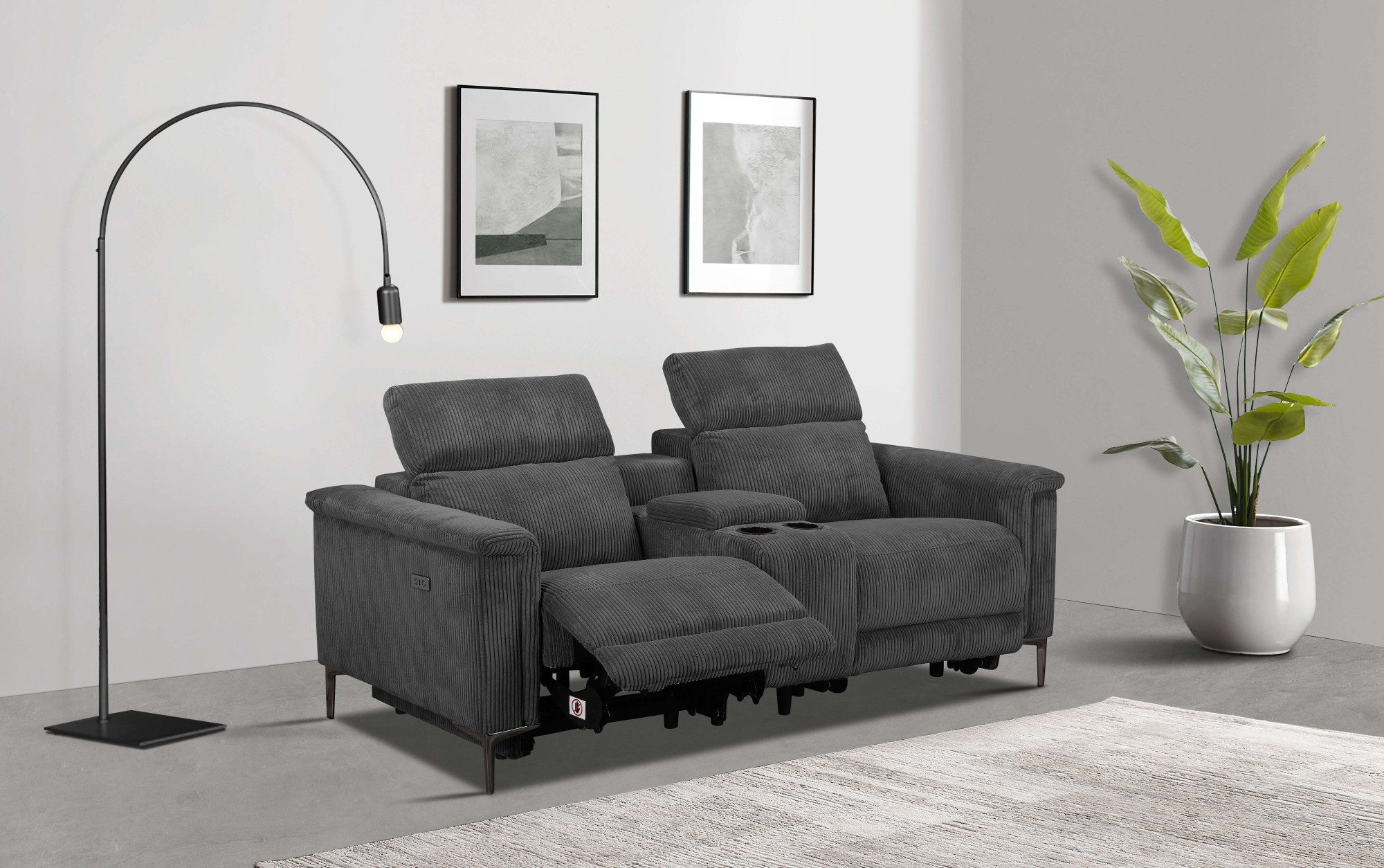 Places of Style 2-zitsbank Lund in cord, 2-zits bioscoopbank, tv-fauteuil, multimedia-sofa, USB-A met elektrische of handmatige relaxfunctie, bekerhouder en opbergruimte