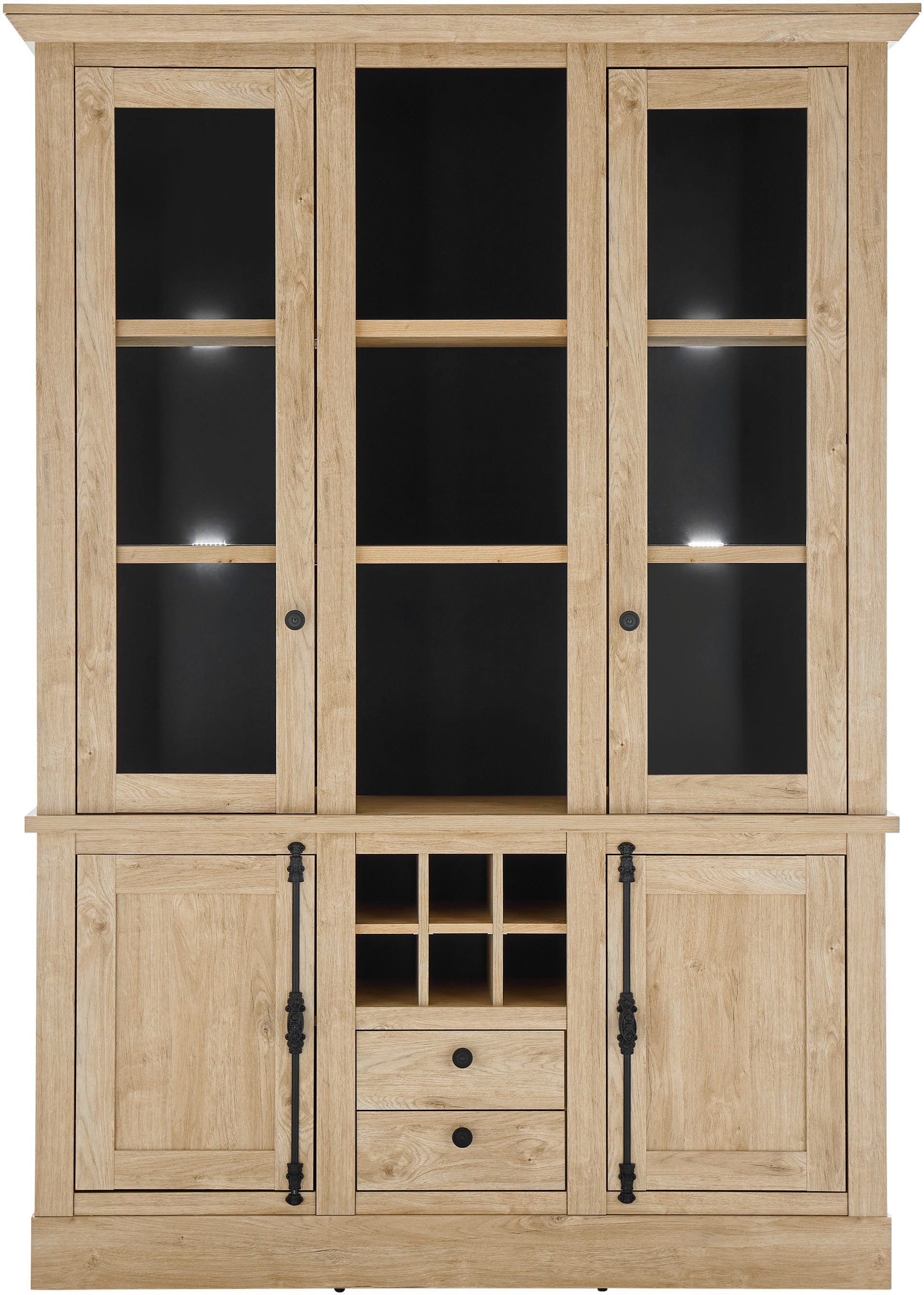 Home affaire Vitrinekast Cornwall, hoge kast in landelijke stijl, glasvitrine, eiken decor Metalen handgrepen, 147 cm breed, veel opbergruimte, in twee maten beschikbaar (1 stuk)