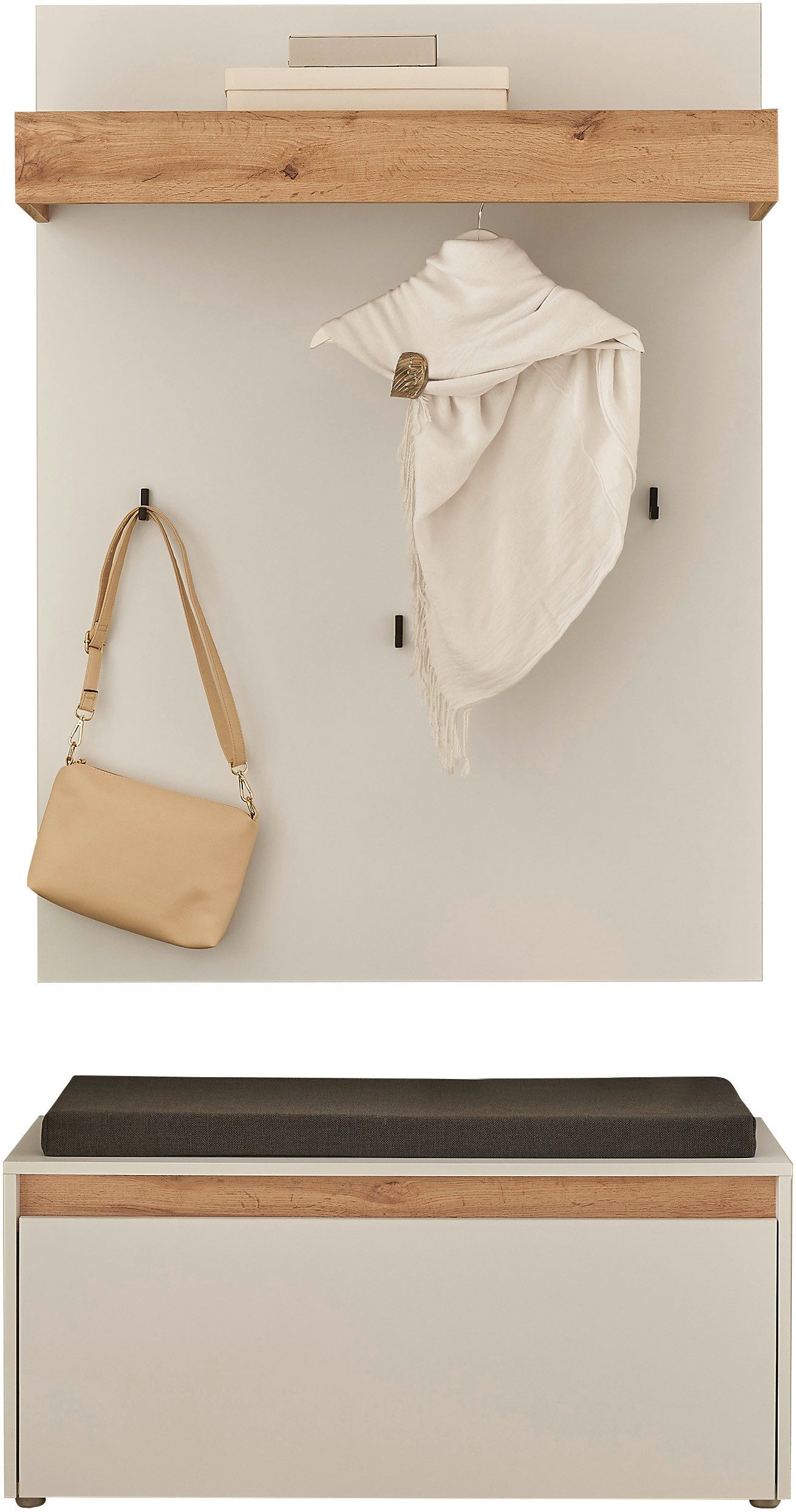 INOSIGN Halmeubelset GIRON/ CiTY, Garderobe in Wotan Eik, moderne garderobekast bevat garderobe paneel & schoenenbank incl. zitkussen, 100 cm breed (complete set, 2-delig)