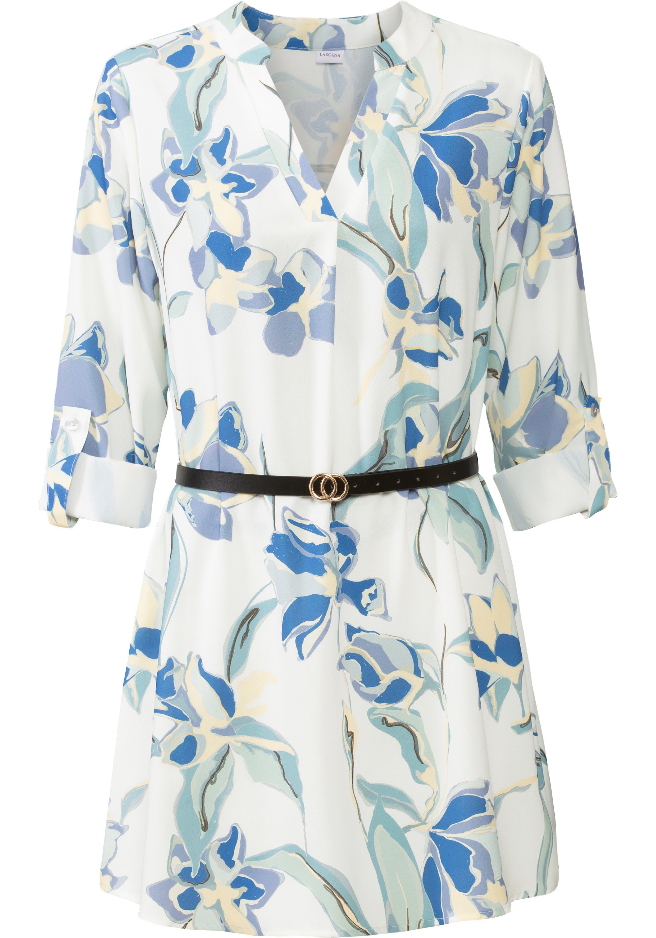 Lascana Lange blouse van kreukstof met bloemenprint, blousejurk (Met riem in leer-look)