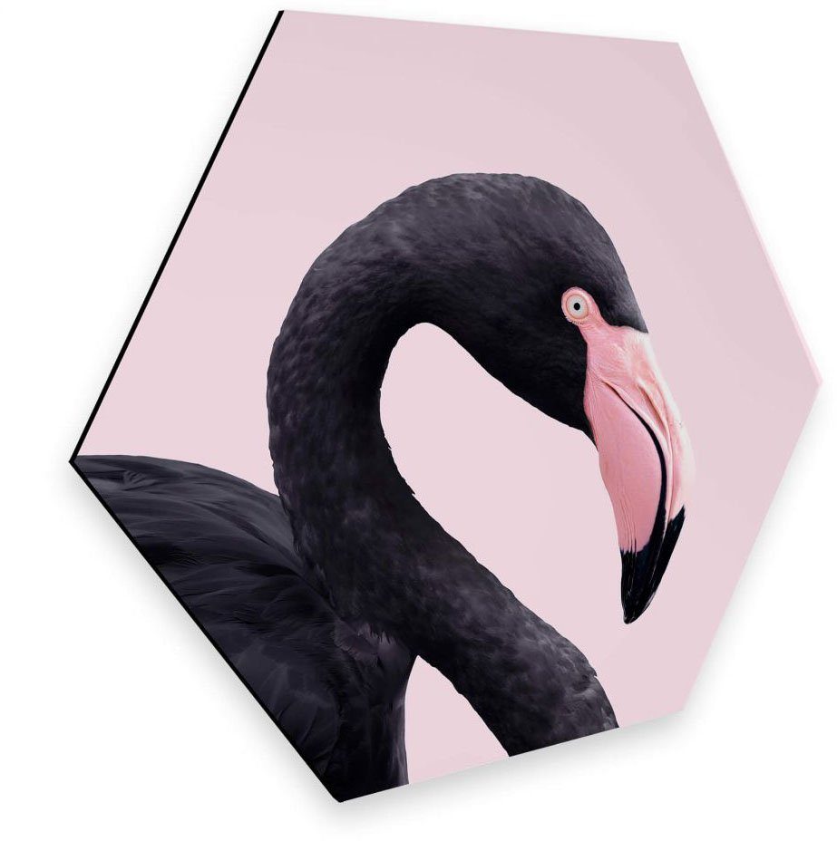 Wall-Art Metalen artprint Roze flamingo pink black Hexagon (1 stuk)