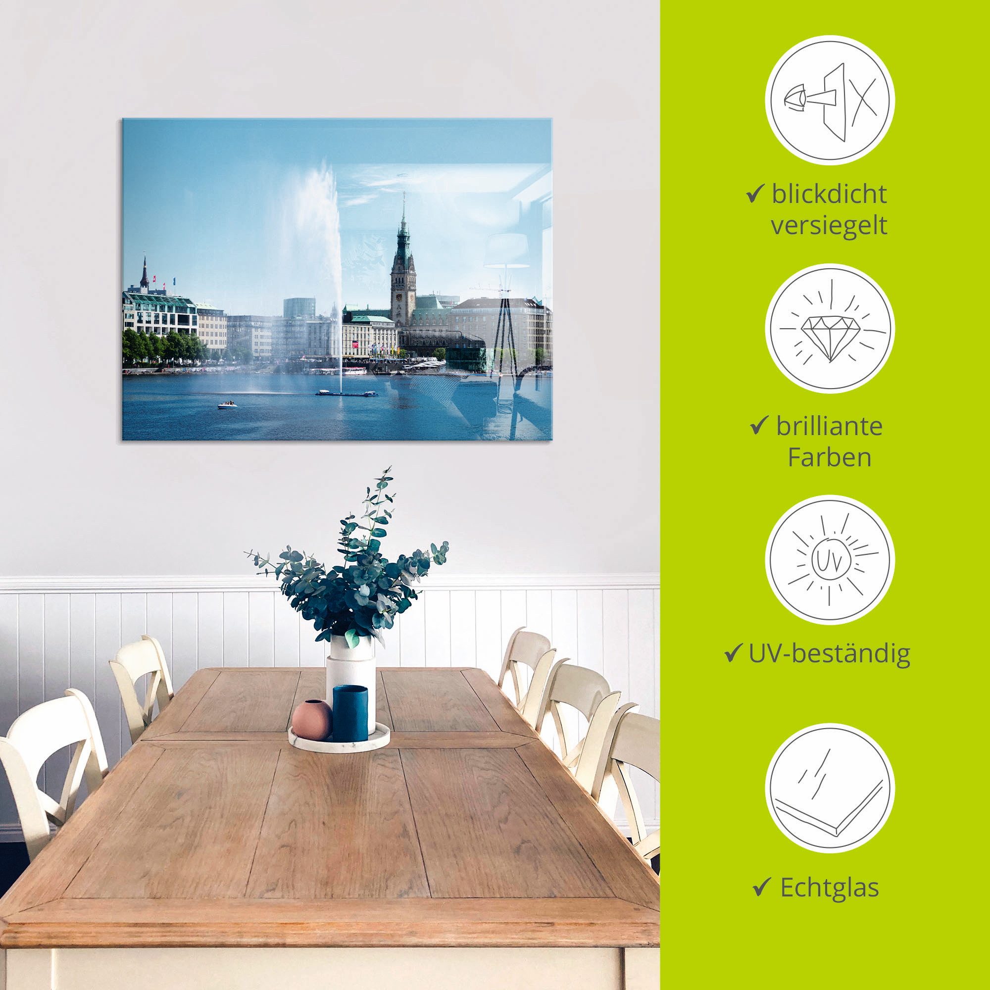 Artland Print op glas Hamburg Alsterfontein met stadhuis