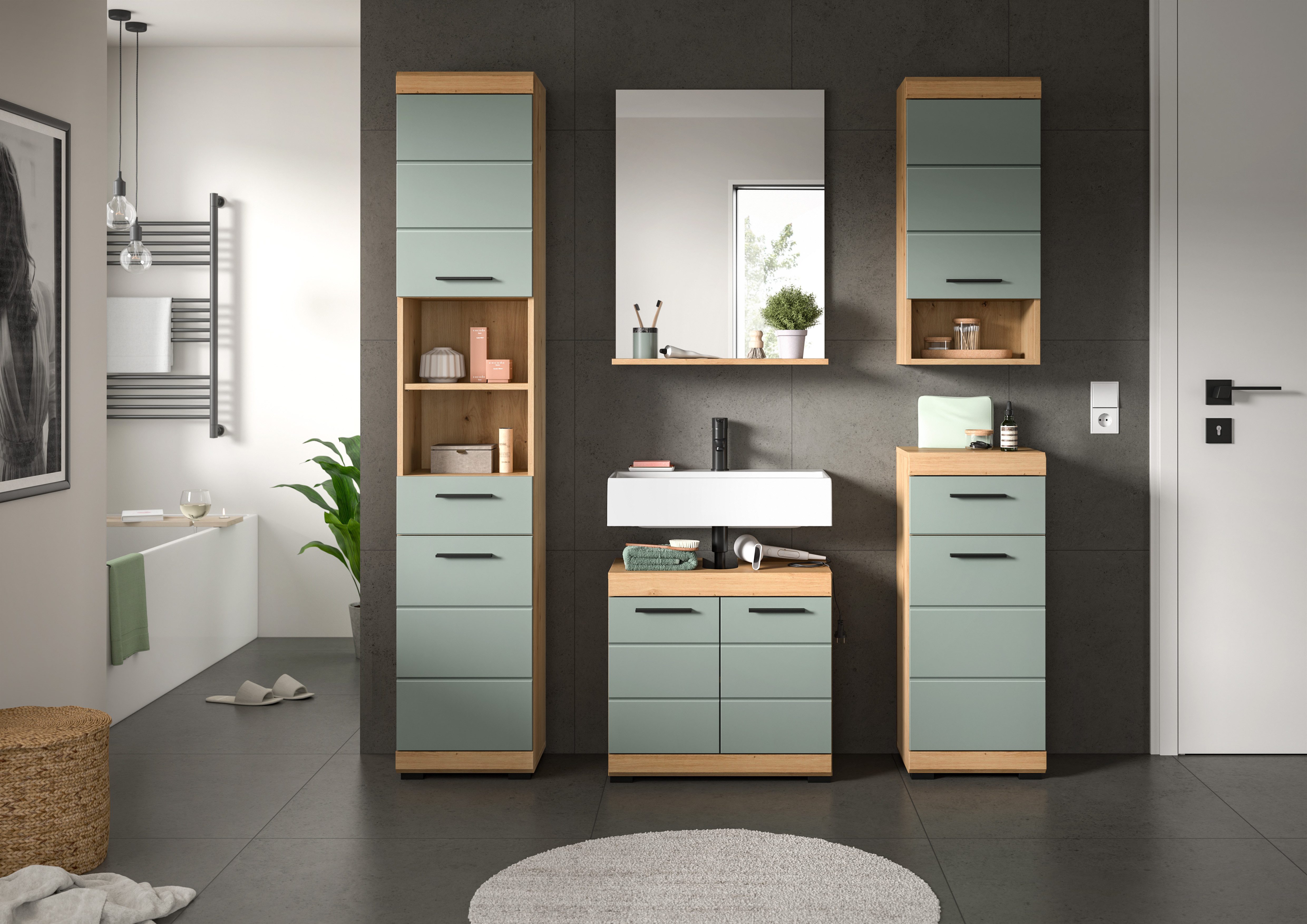 INOSIGN Badmeubelset Siena, 5-delig, bestaande uit: Hoge kast, WBU, spiegel, onderkast, hangkast (set, 5 stuks)