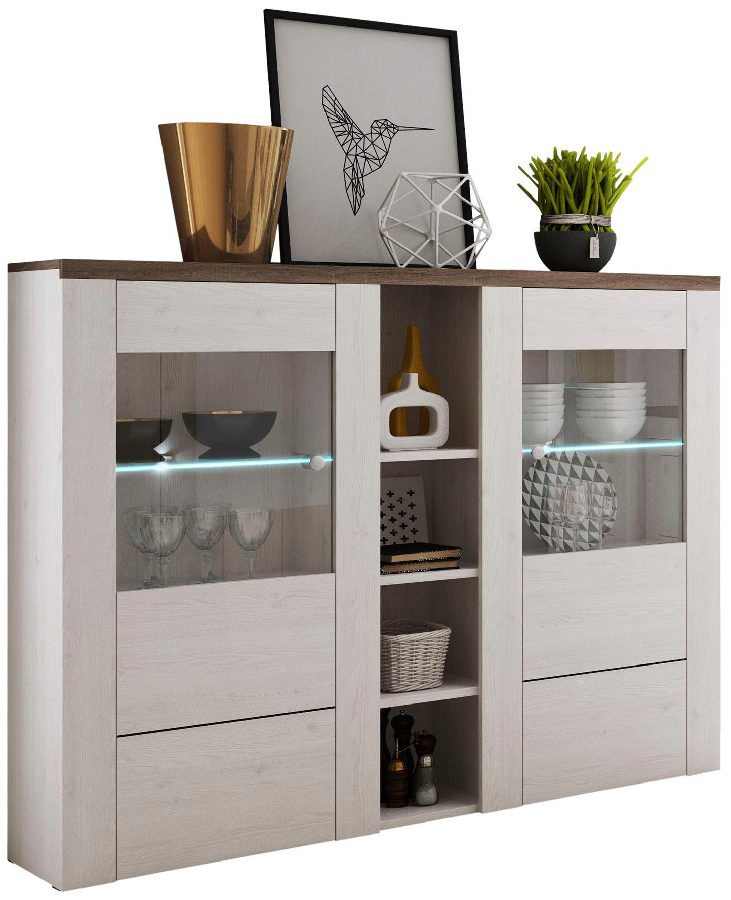 Home affaire Highboard Larona Buffet met decoratieve lijstlook, deuren met glaselement