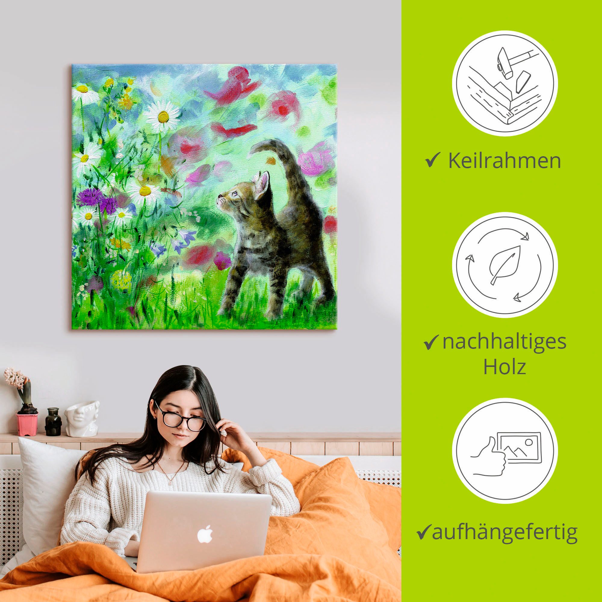 Artland Artprint Zomerweide met katje als artprint op linnen, poster, muursticker in verschillende maten