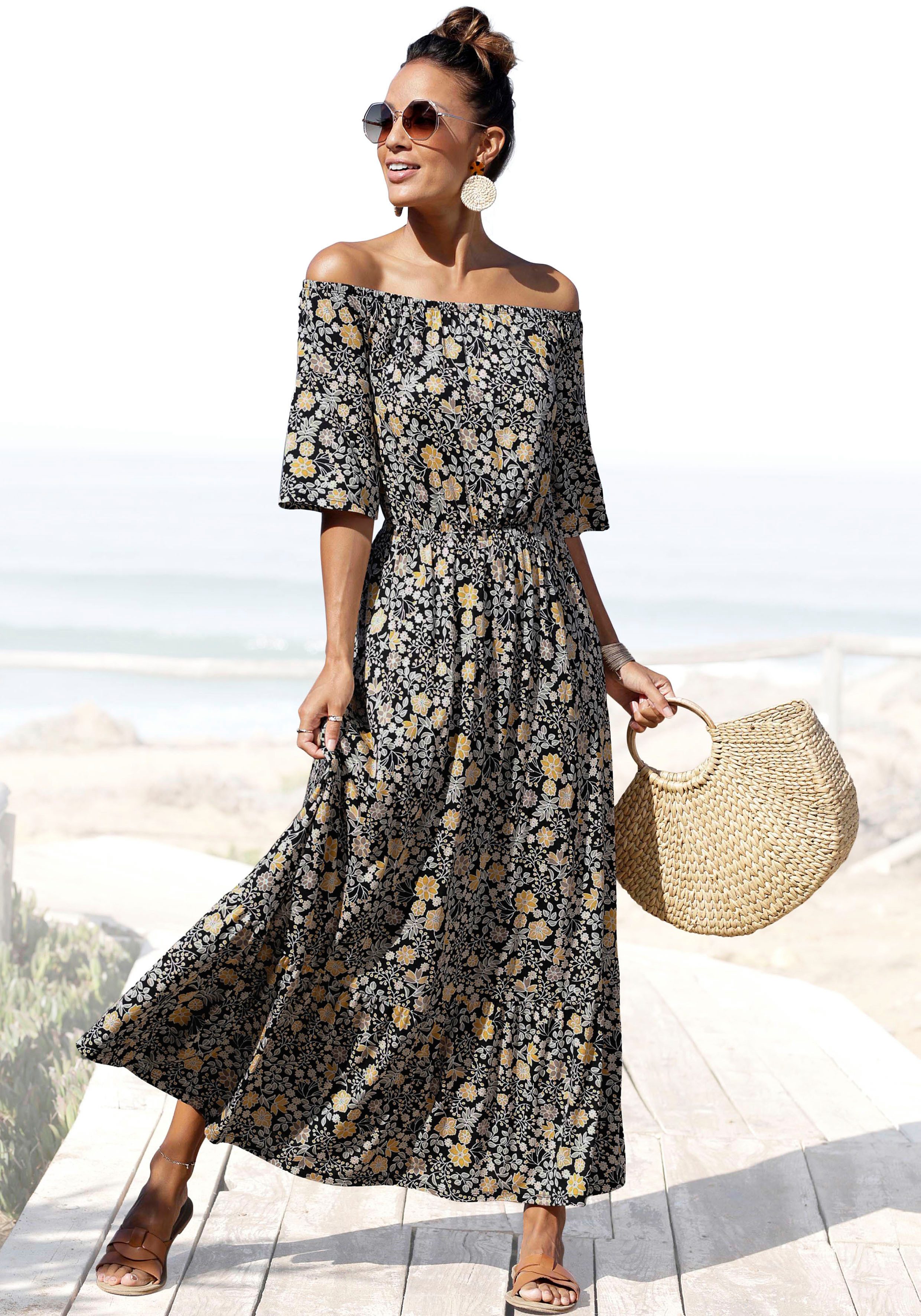 Lascana Maxi-jurk met bloemenprint en carmen halslijn, zomerjurk, strandjurk