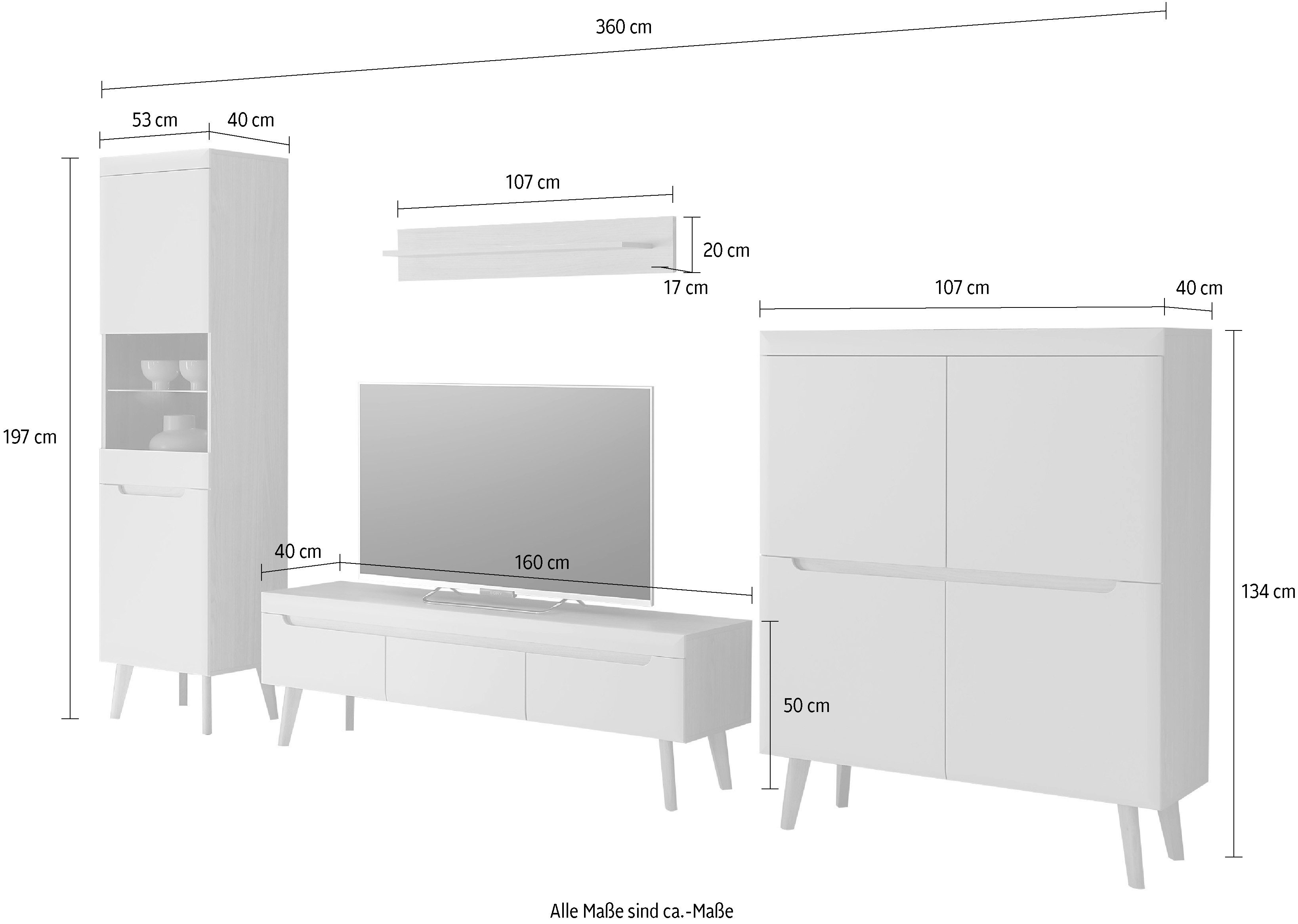 INOSIGN Wandmeubel Torge, wandmeubel, kastwand, mediawand, woonkamer-set bevat 1 vitrine, 1 lowboard, 1 highboard + 1 wandplank, 360 cm breed (set, 4-delig)