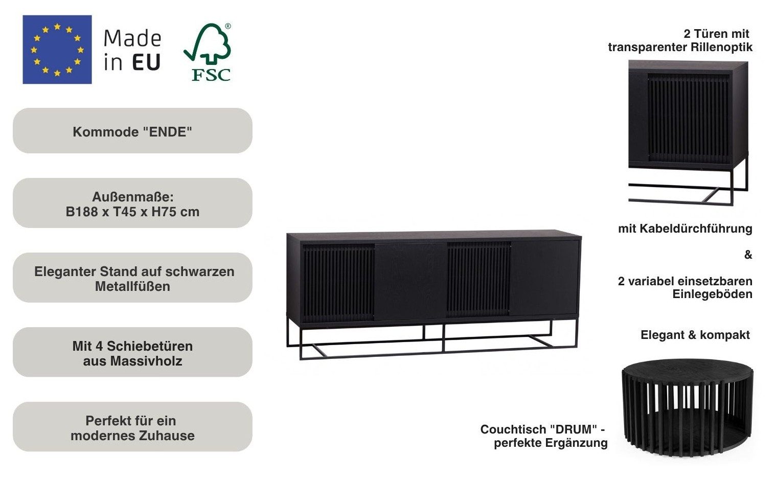 Woodman Dressoir Ende Kast, gedeeltelijk massief, metalen voeten, breedte 188 cm, FSC®
