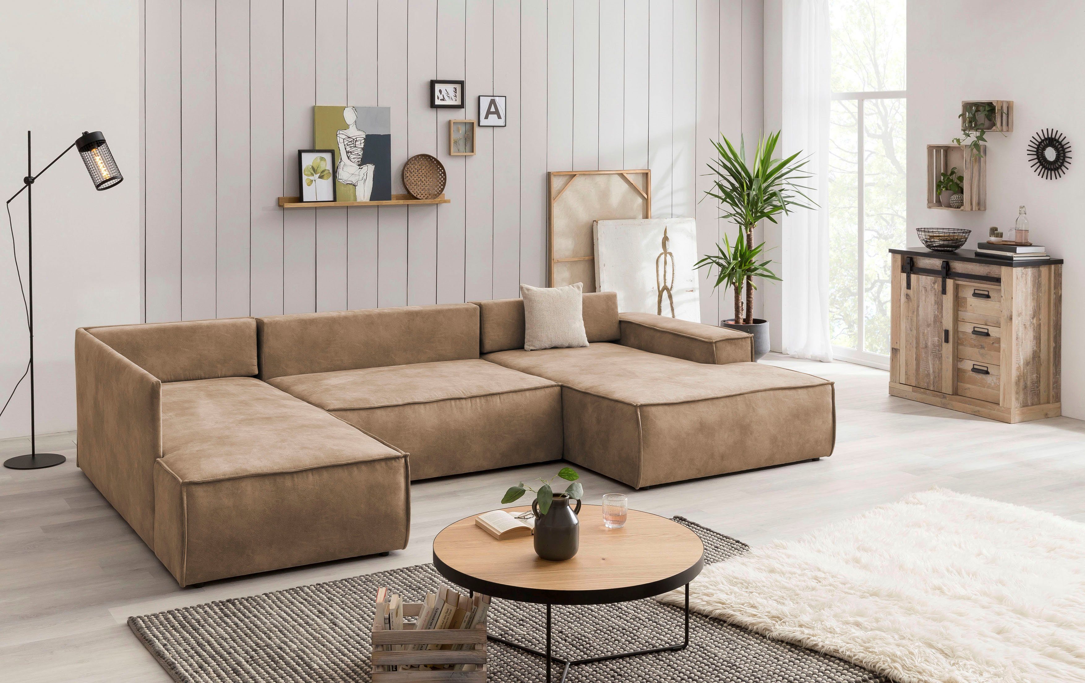 Home affaire Zithoek SHERWOOD 329 cm, U-vorm, slaapbank, Slaapfunctie met bedkist (194x139 cm), cord, vintage, fluweel