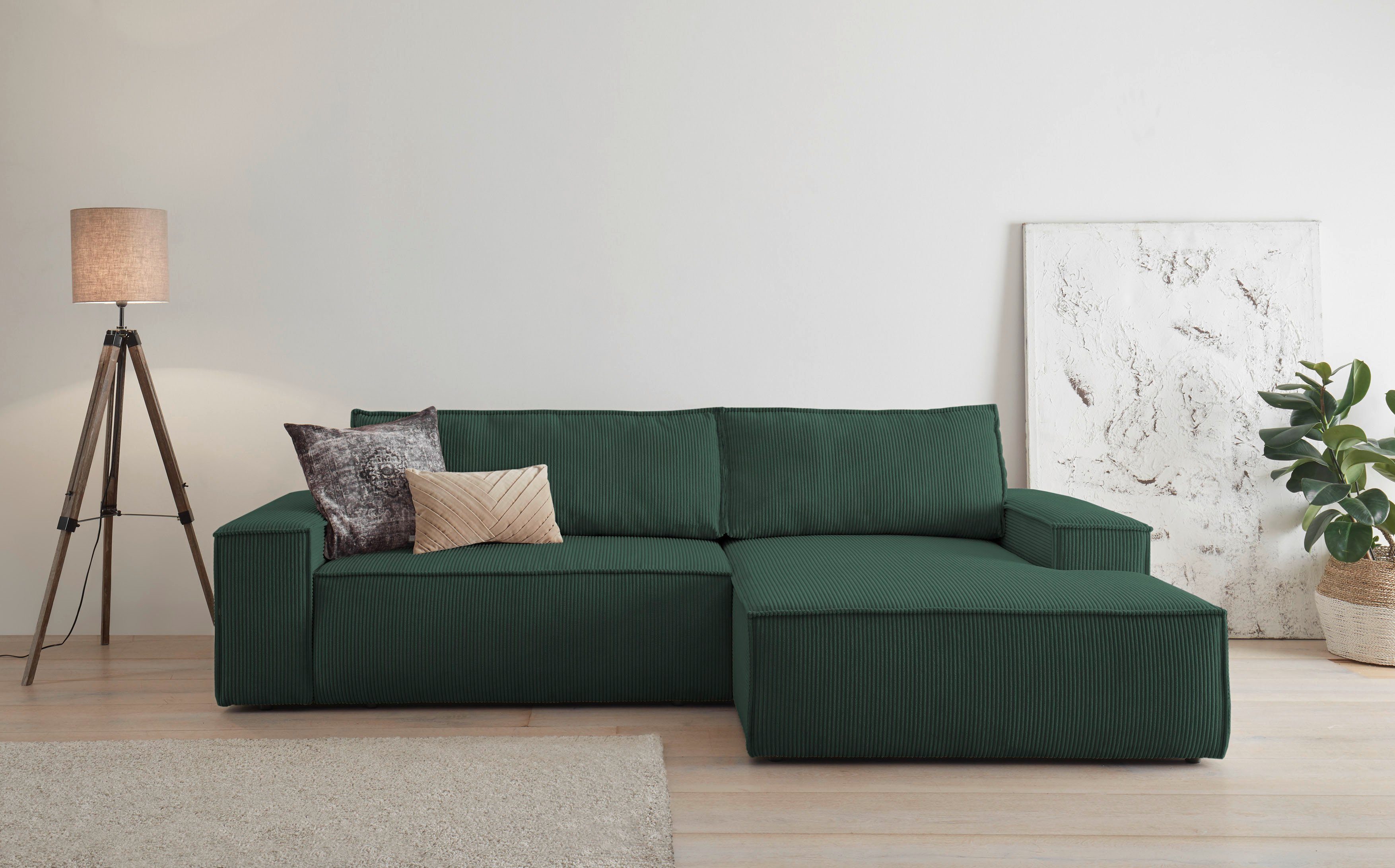 Home affaire Hoekbank SHERWOOD bedbank 267 cm, L-model, Slaapfunctie met bedlade (210x136 cm), cord, vintage, fluweel groen, hoekbanken, Recamiere